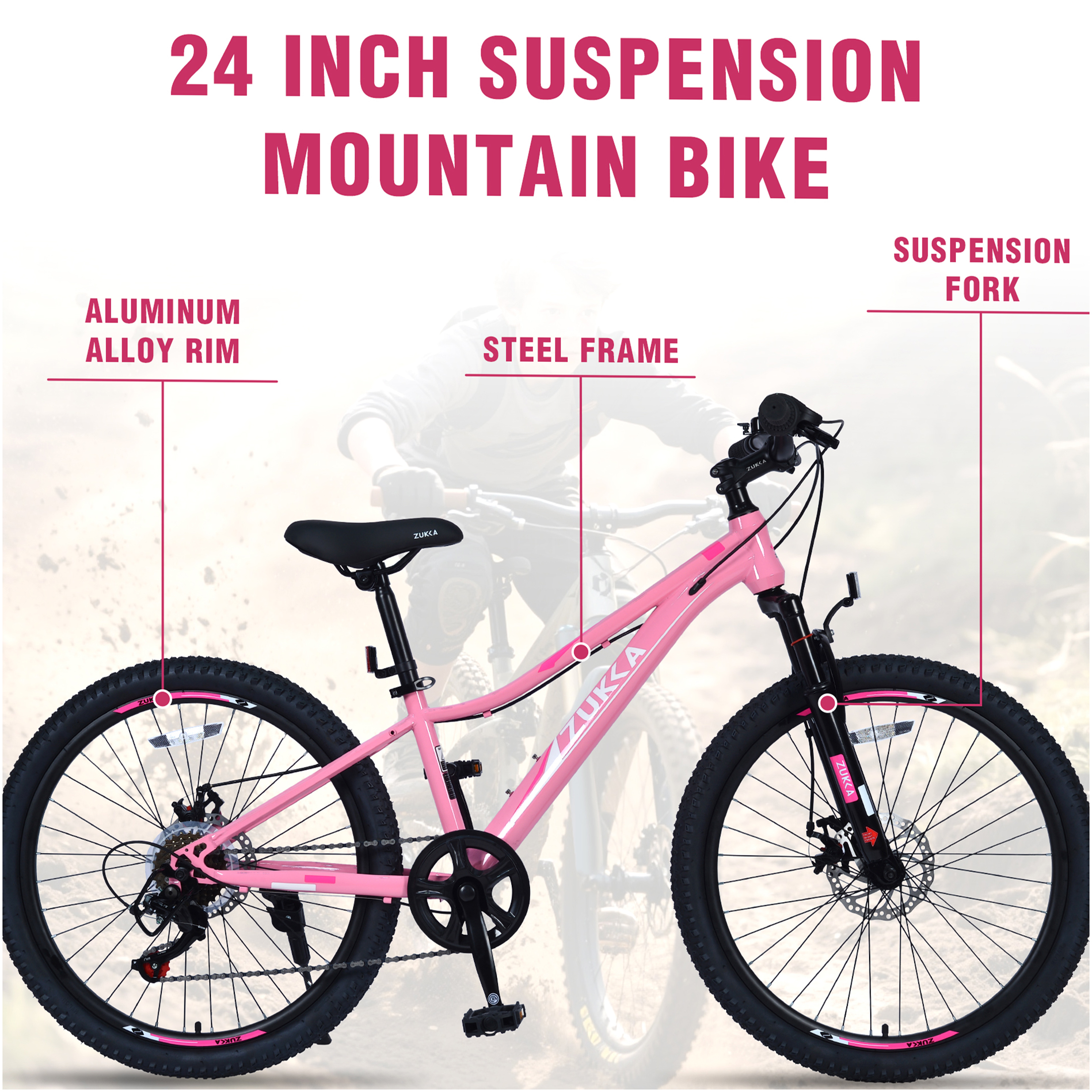 JERFIT 24 inch Pink Mountain Bike for Kids with Shimano 6-Speed Gears, Front Suspension Fork & Disc Brakes, Steel Frame Bicycle for Boys and Girls Ages 9 - Image 2
