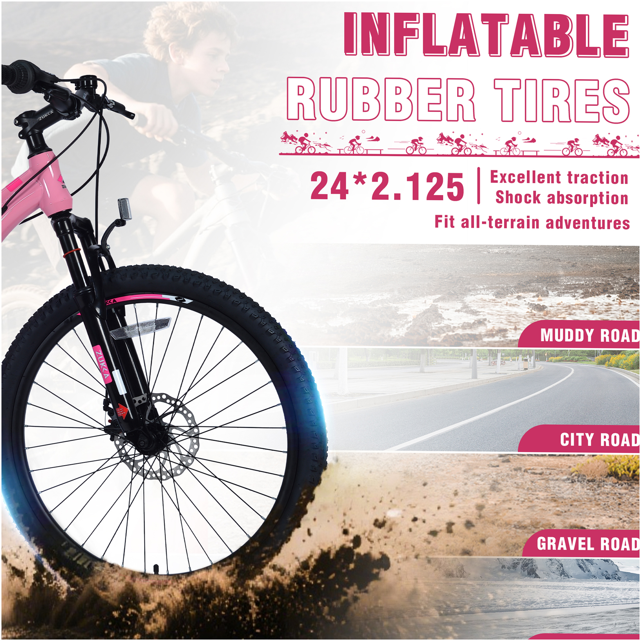JERFIT 24 inch Pink Mountain Bike for Kids with Shimano 6-Speed Gears, Front Suspension Fork & Disc Brakes, Steel Frame Bicycle for Boys and Girls Ages 9 - Image 4