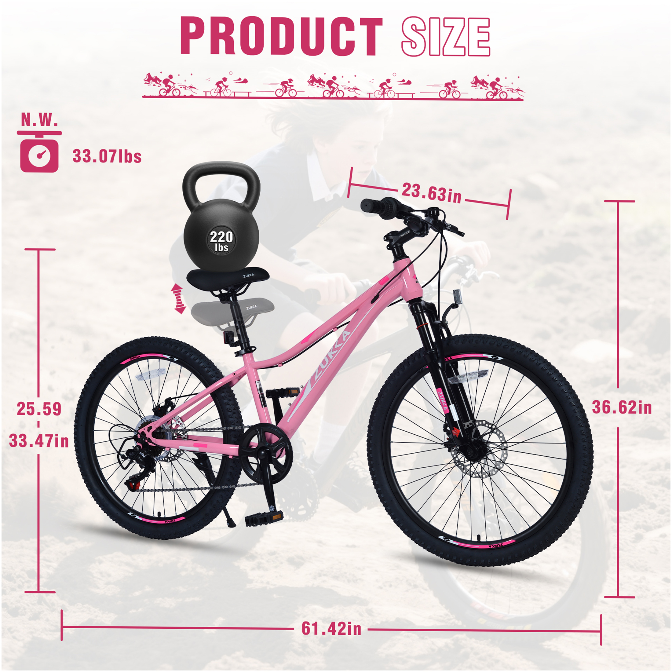 JERFIT 24 inch Pink Mountain Bike for Kids with Shimano 6-Speed Gears, Front Suspension Fork & Disc Brakes, Steel Frame Bicycle for Boys and Girls Ages 9 - Image 3
