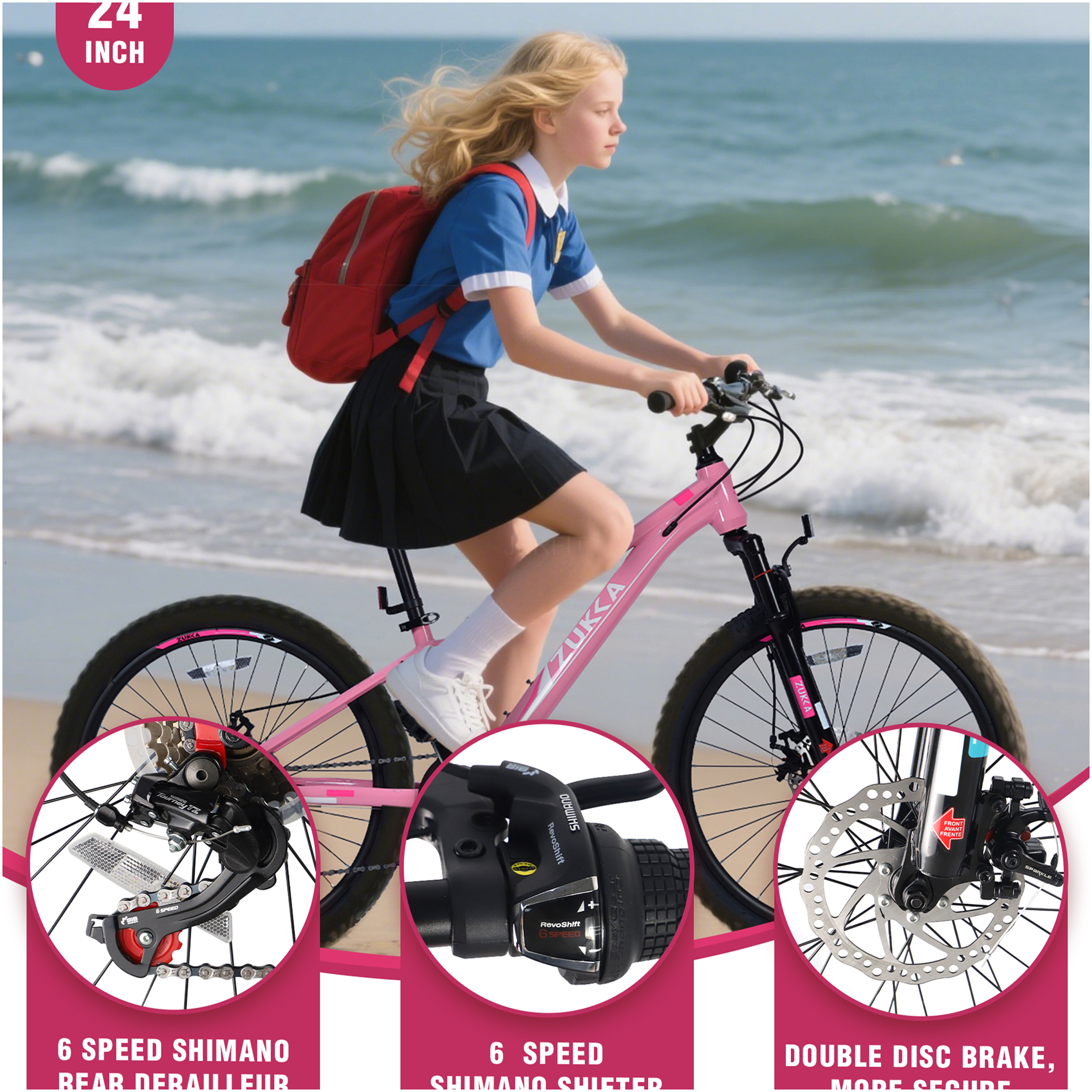 JERFIT 24 inch Pink Mountain Bike for Kids with Shimano 6-Speed Gears, Front Suspension Fork & Disc Brakes, Steel Frame Bicycle for Boys and Girls Ages 9 - Image 5