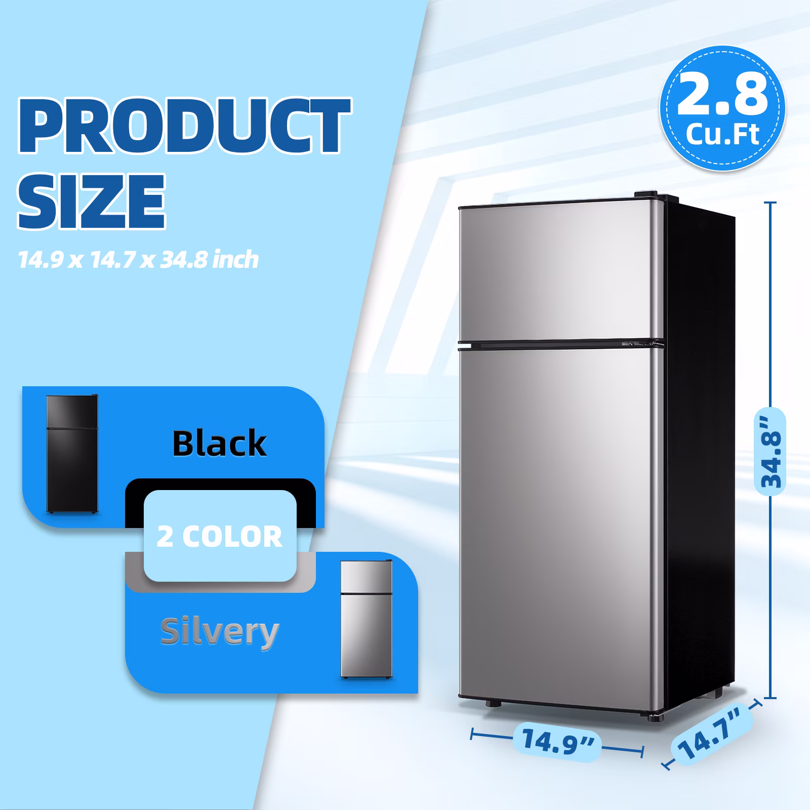 JIEJIA 2.8 Cu.ft Mini Fridge with Freezer Bedroom, 2 Door Office Small Refrigerator, Silver - Image 2