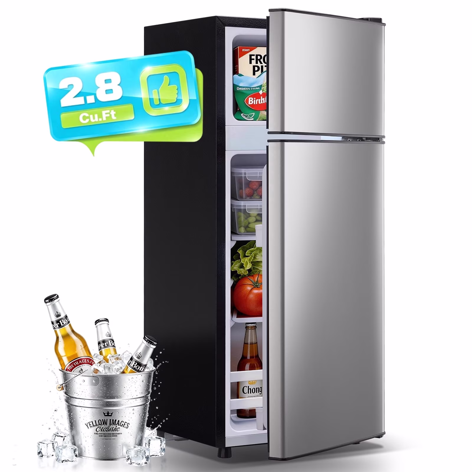 JIEJIA 2.8 Cu.ft Mini Fridge with Freezer Bedroom, 2 Door Office Small Refrigerator, Silver