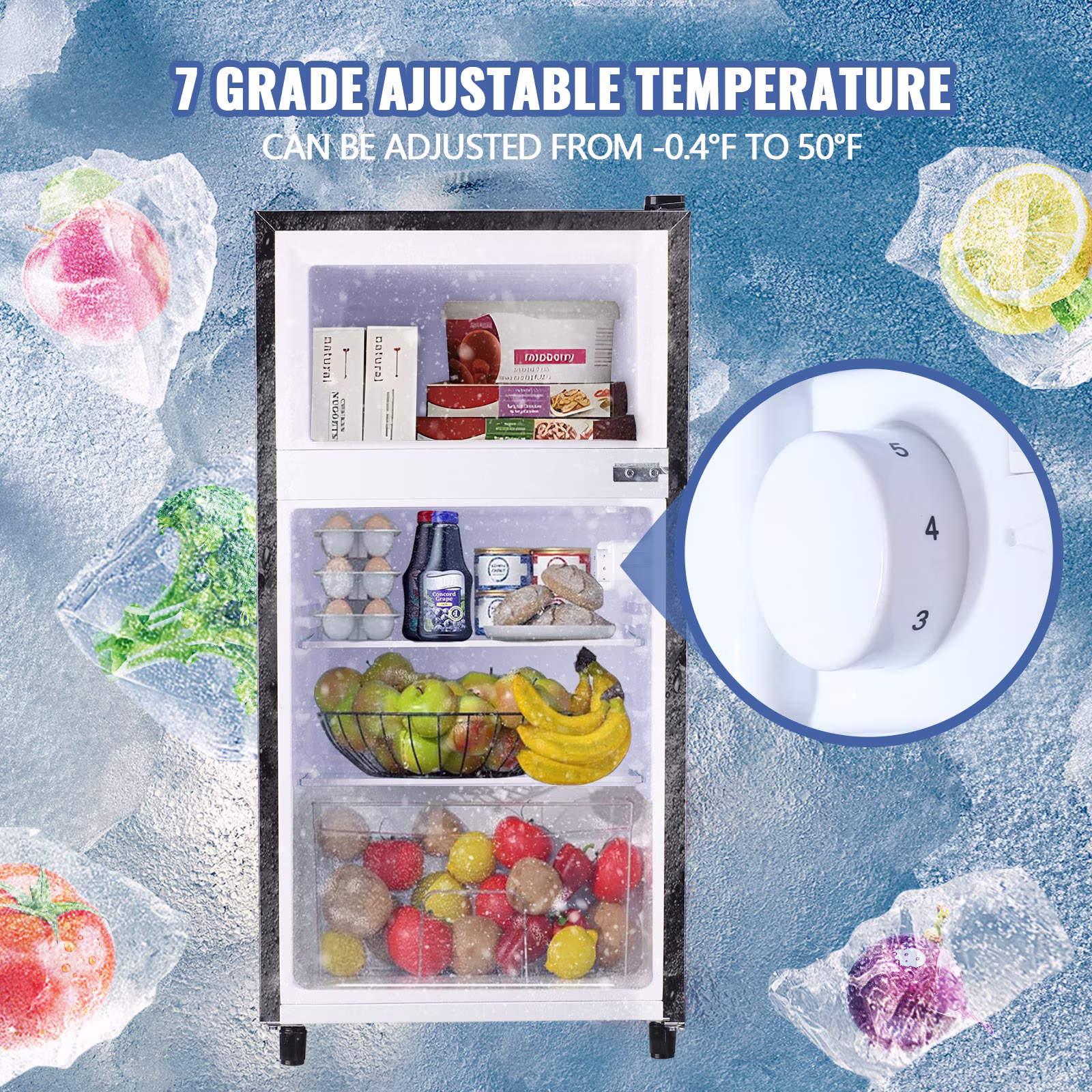 JIEJIA 3.5 Cu.ft Mini Fridge with Freezer, Double Door Compact Refrigerator, 7-Temp Adjustable, Removable Glass Shelves for Kitchen, Dorm, Office, Apartment, Black - Image 3
