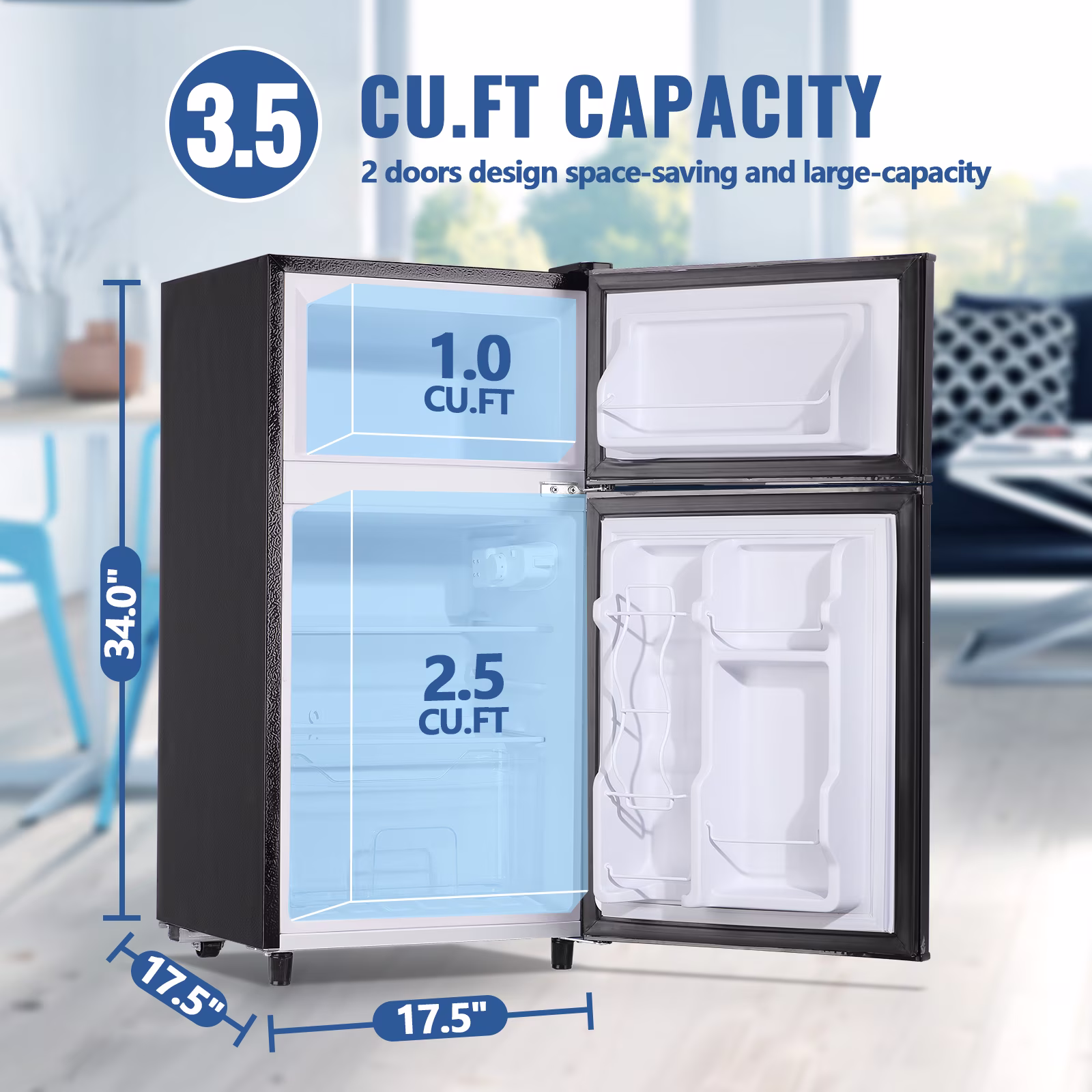JIEJIA 3.5 Cu.ft Mini Fridge with Freezer, Double Door Compact Refrigerator, 7-Temp Adjustable, Removable Glass Shelves for Kitchen, Dorm, Office, Apartment, Black - Image 2