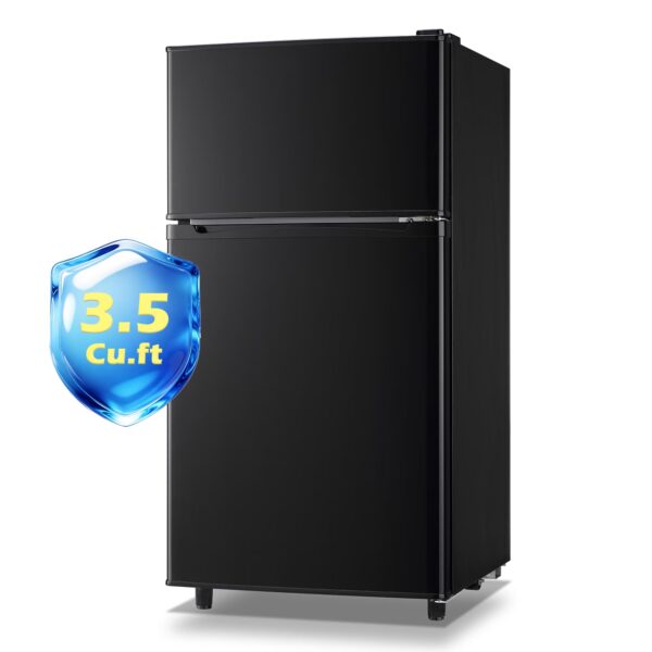 JIEJIA 3.5 Cu.ft Mini Fridge with Freezer, Double Door Compact Refrigerator, 7-Temp Adjustable, Removable Glass Shelves for Kitchen, Dorm, Office, Apartment, Black
