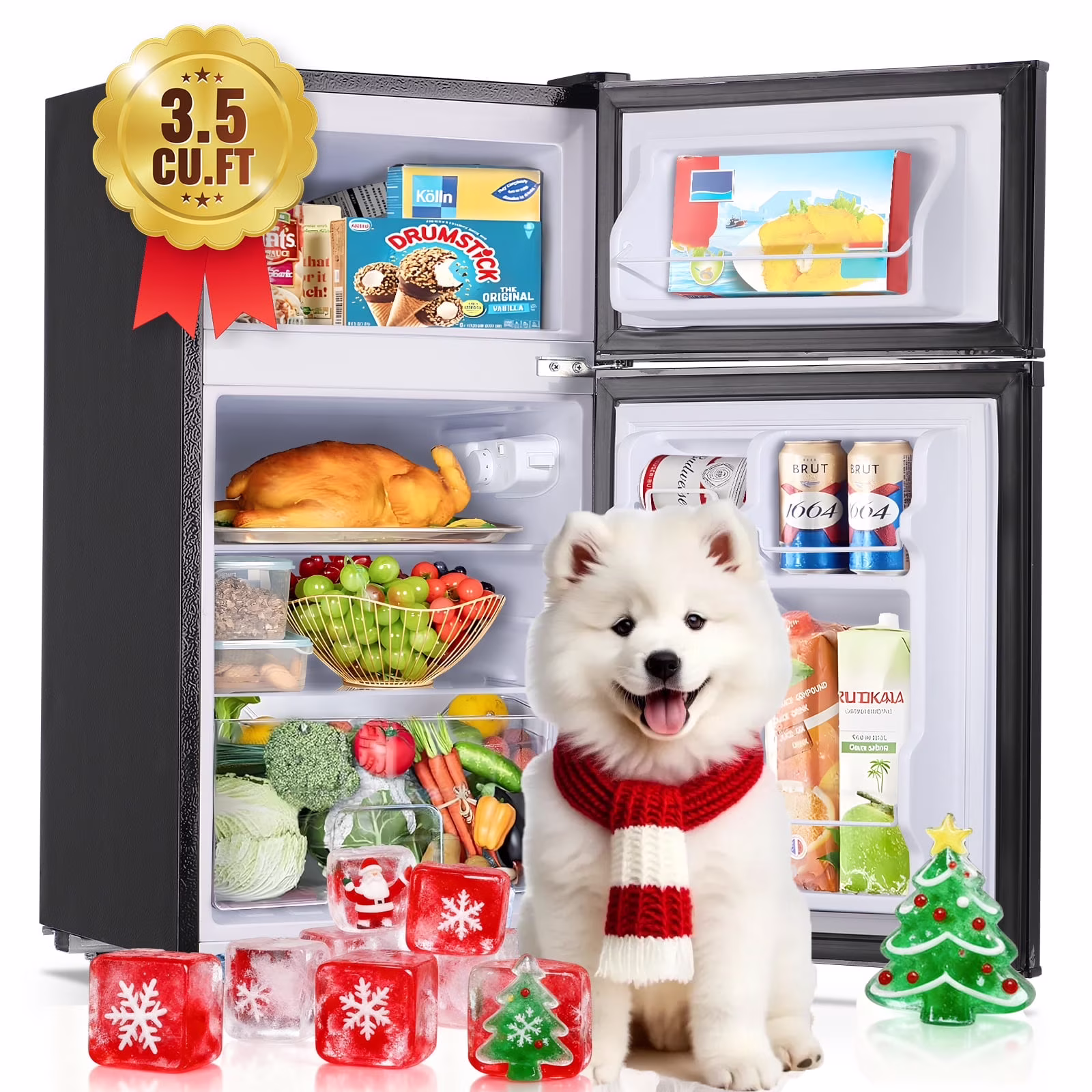 JIEJIA 3.5 Cu.ft Mini Fridge with Freezer, Double Door Compact Refrigerator, 7-Temp Adjustable, Removable Glass Shelves for Kitchen, Dorm, Office, Apartment, Black - Image 4