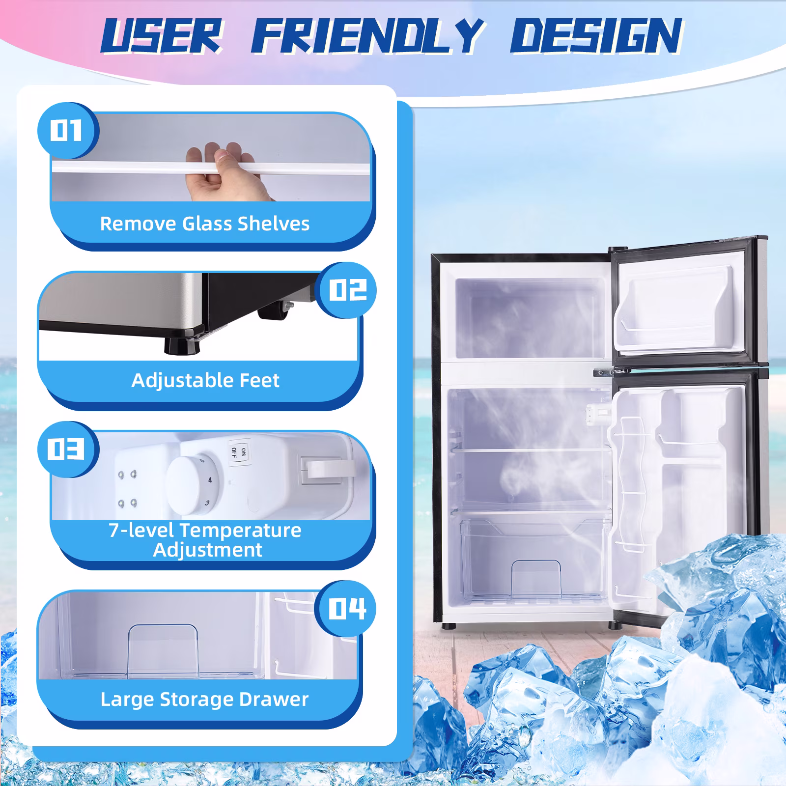 JIEJIA 3.5 Cu.Ft Small Fridge with Freezer, Small Refrigerator Separate Freezer, 7 Settings Temperature Adjustable, 2 Door Refrigerator for Office, Dorm, Bedroom, Apartment, Silver - Image 3