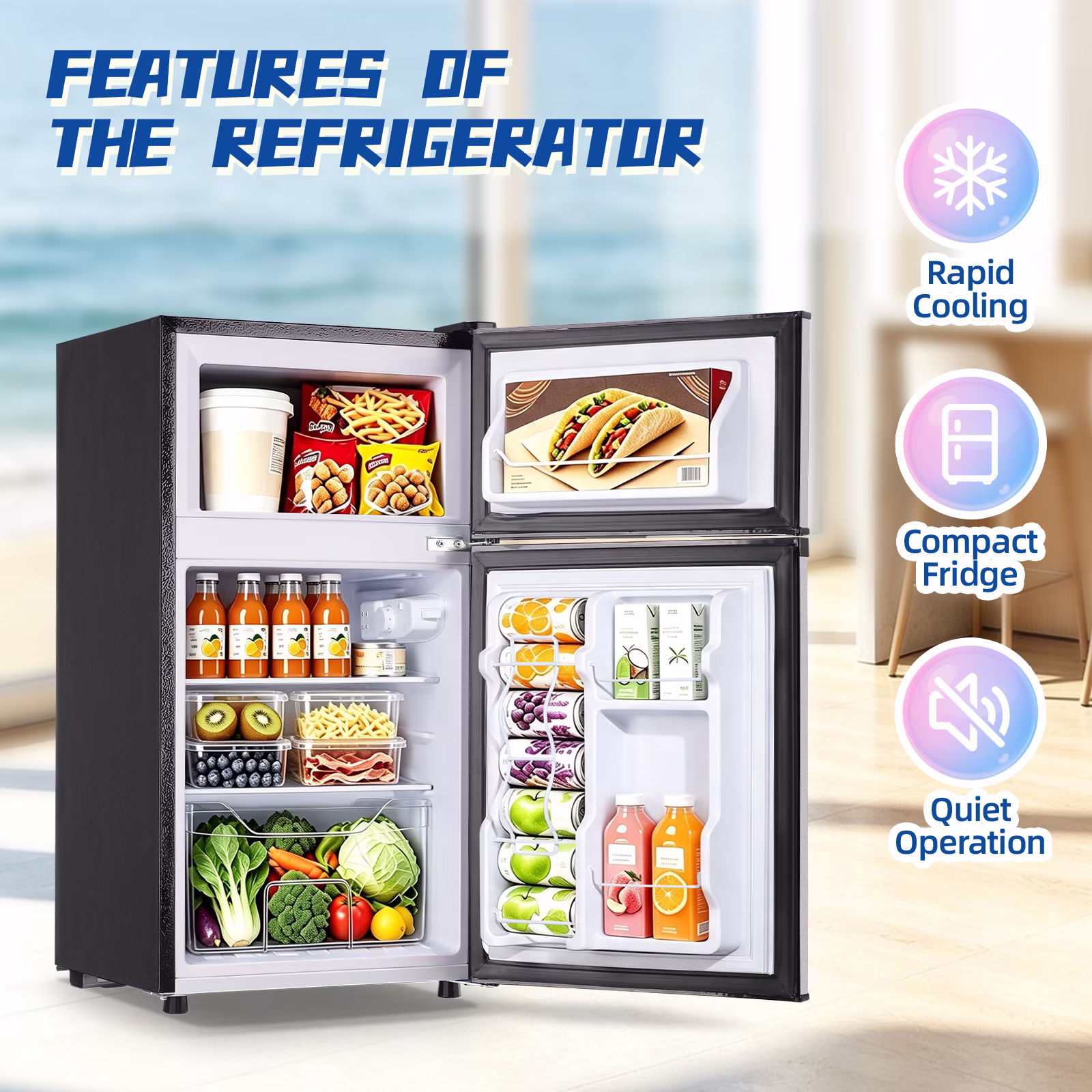 JIEJIA 3.5 Cu.Ft Small Fridge with Freezer, Small Refrigerator Separate Freezer, 7 Settings Temperature Adjustable, 2 Door Refrigerator for Office, Dorm, Bedroom, Apartment, Silver - Image 2