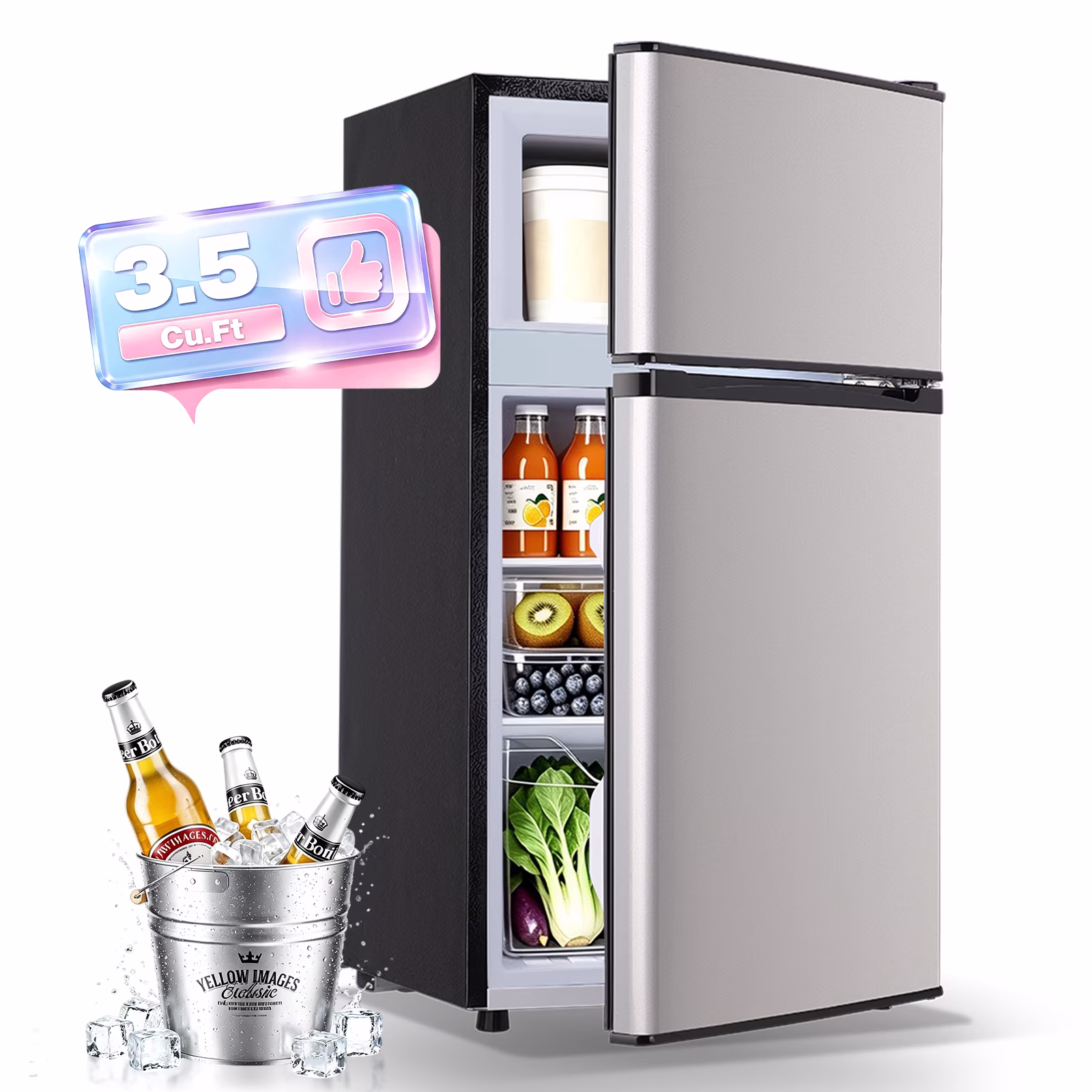 JIEJIA 3.5 Cu.Ft Small Fridge with Freezer, Small Refrigerator Separate Freezer, 7 Settings Temperature Adjustable, 2 Door Refrigerator for Office, Dorm, Bedroom, Apartment, Silver