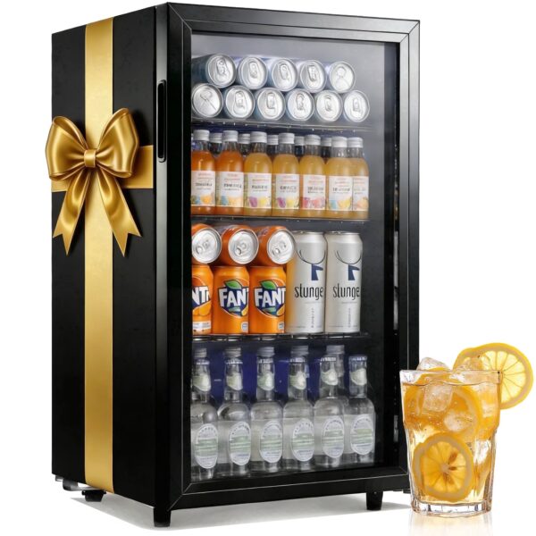 JIEJIA Beverage Refrigerators 120-Can Small Mini Fridge Glass Door, Removable Shelves for Soda Beer or Wine, 3.5 Cu.ft