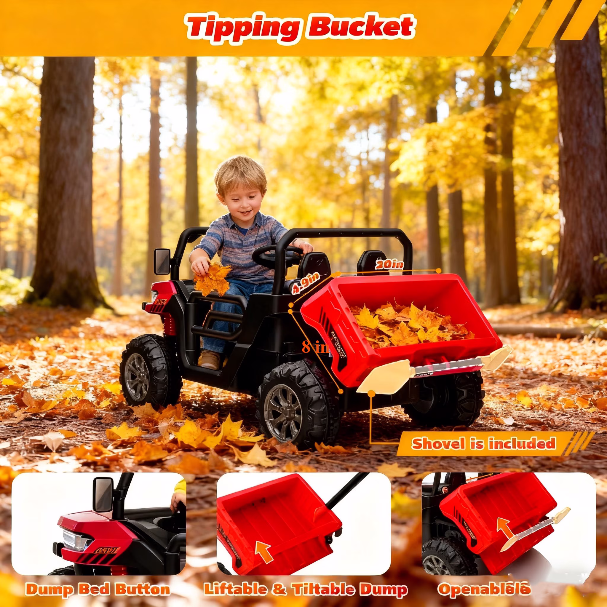 Jorfly 24V Ride on Cars Dump Truck w/Remote Control, Power Car Wheels Electric Battery Powered Car w/ Dump Bed, Ride on Toys for Kids, Built-in music, Cool LED Light, Bluetooth, USB,Red - Image 3