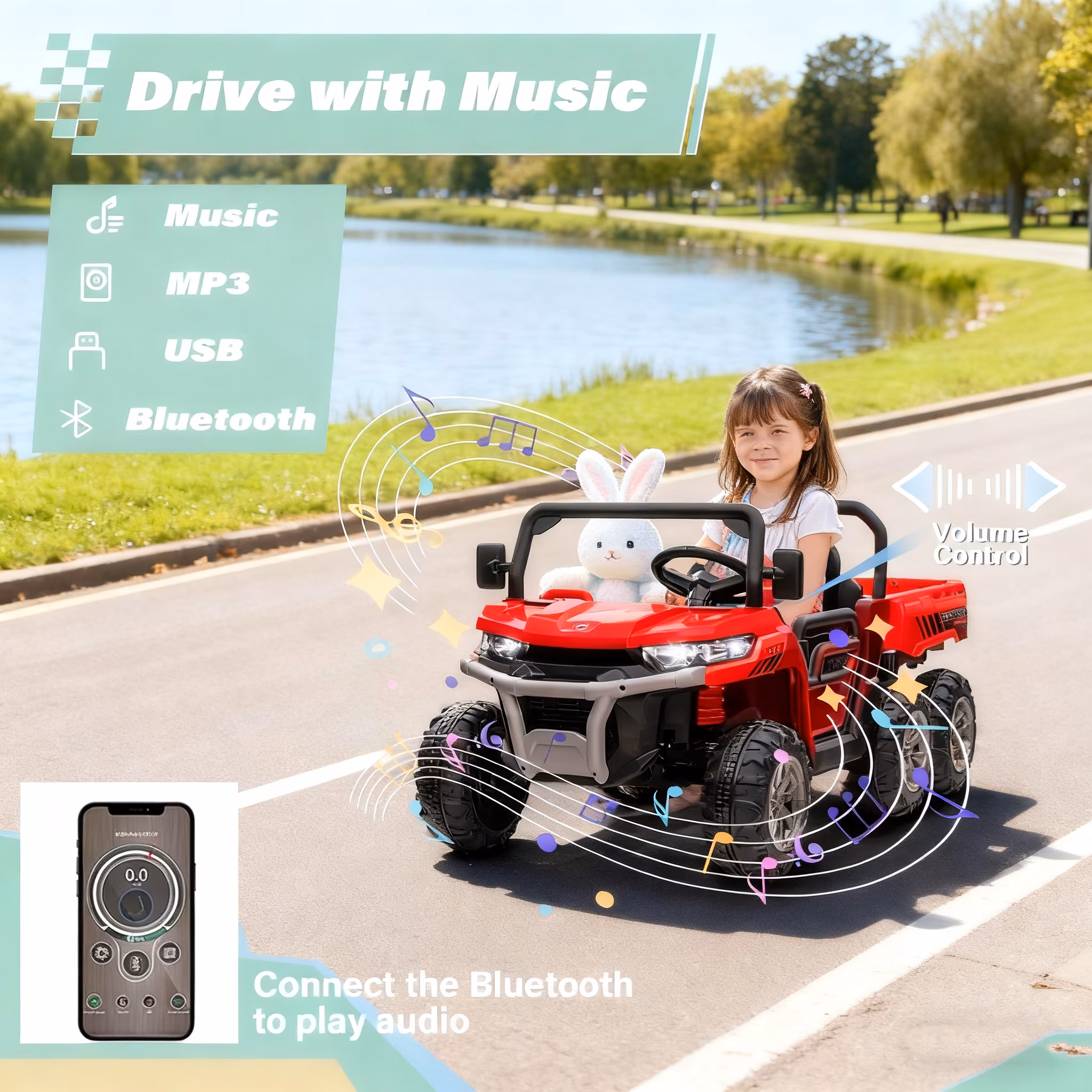 Jorfly 24V Ride on Cars Dump Truck w/Remote Control, Power Car Wheels Electric Battery Powered Car w/ Dump Bed, Ride on Toys for Kids, Built-in music, Cool LED Light, Bluetooth, USB,Red - Image 2