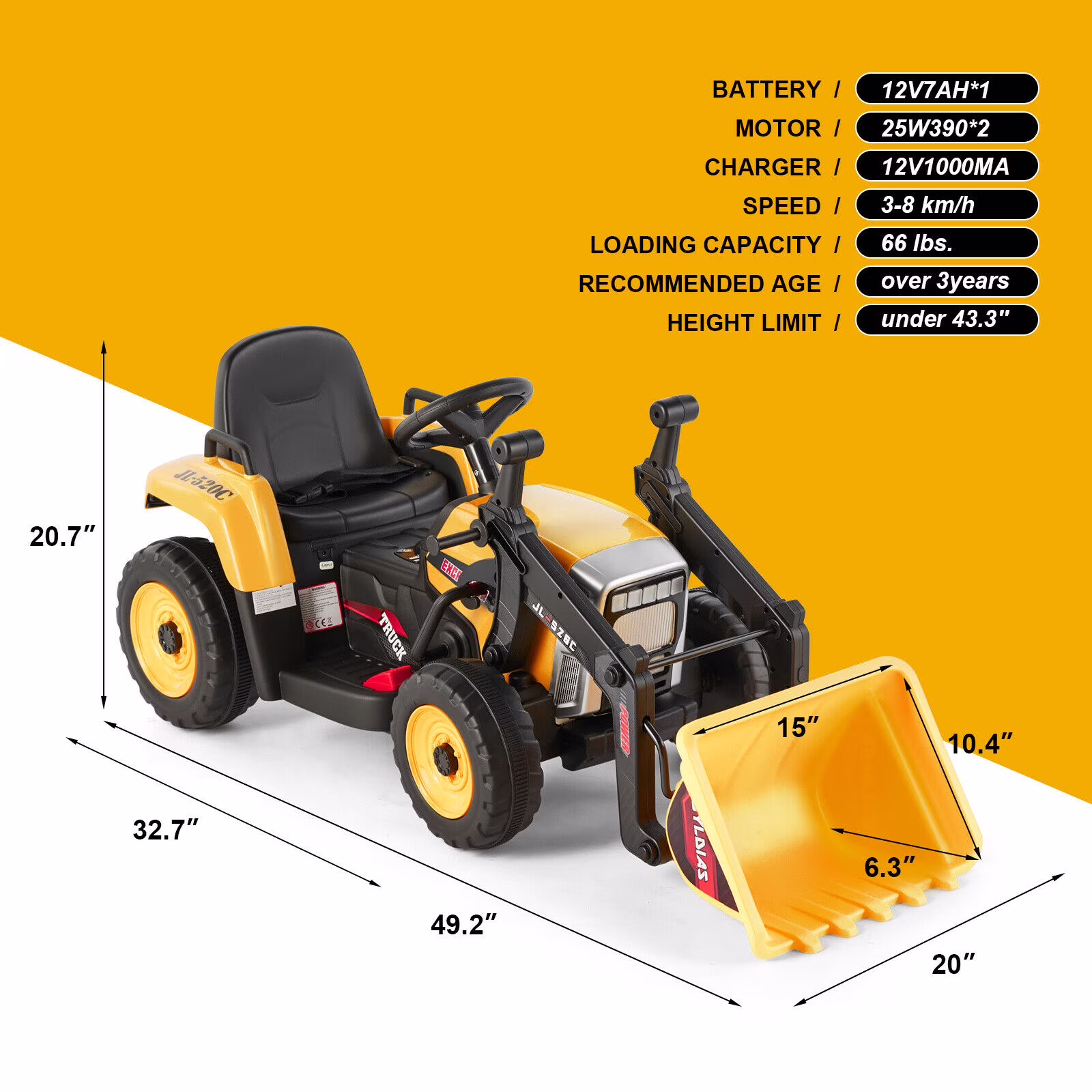 JOYLDIAS 12V Kids Ride On Excavator 3 Speeds Electric Construction Vehicle Digger with Remote Control, Bluetooth, Microphone Jack, Music, Lights (Yellow) - Image 4