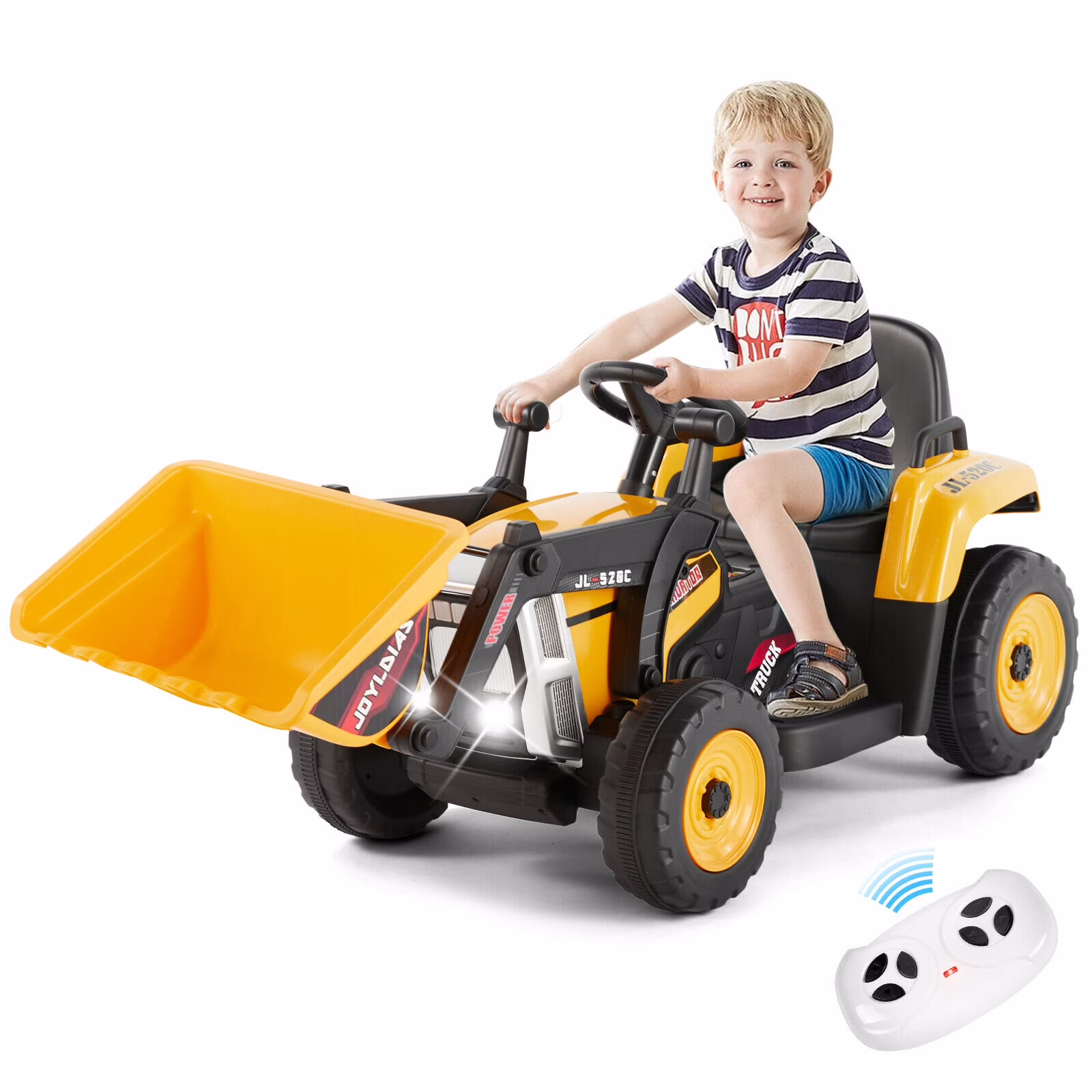 JOYLDIAS 12V Kids Ride On Excavator 3 Speeds Electric Construction Vehicle Digger with Remote Control, Bluetooth, Microphone Jack, Music, Lights (Yellow)