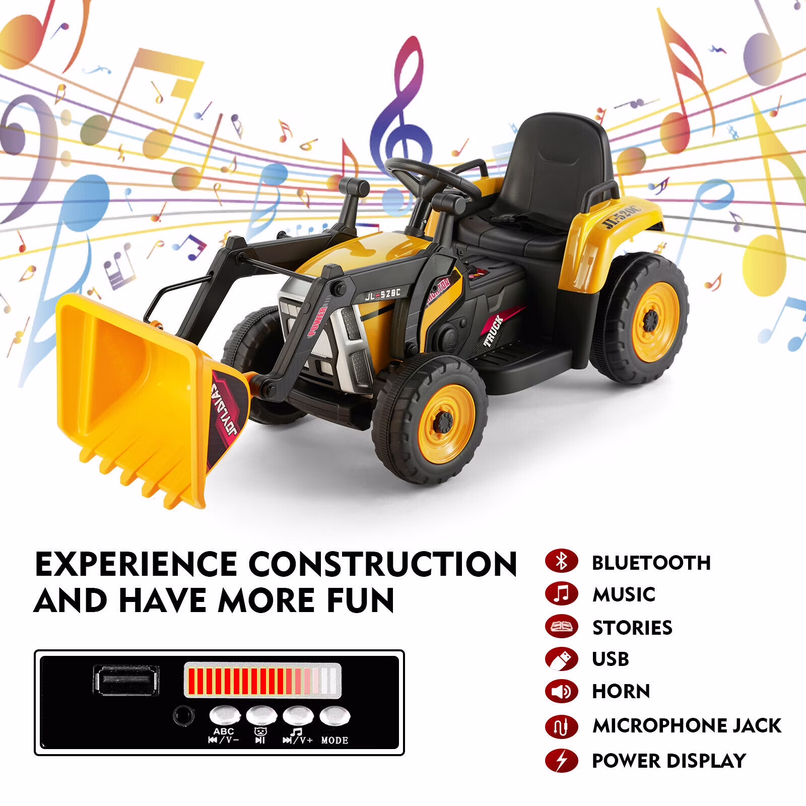 JOYLDIAS 12V Kids Ride On Excavator 3 Speeds Electric Construction Vehicle Digger with Remote Control, Bluetooth, Microphone Jack, Music, Lights (Yellow) - Image 3