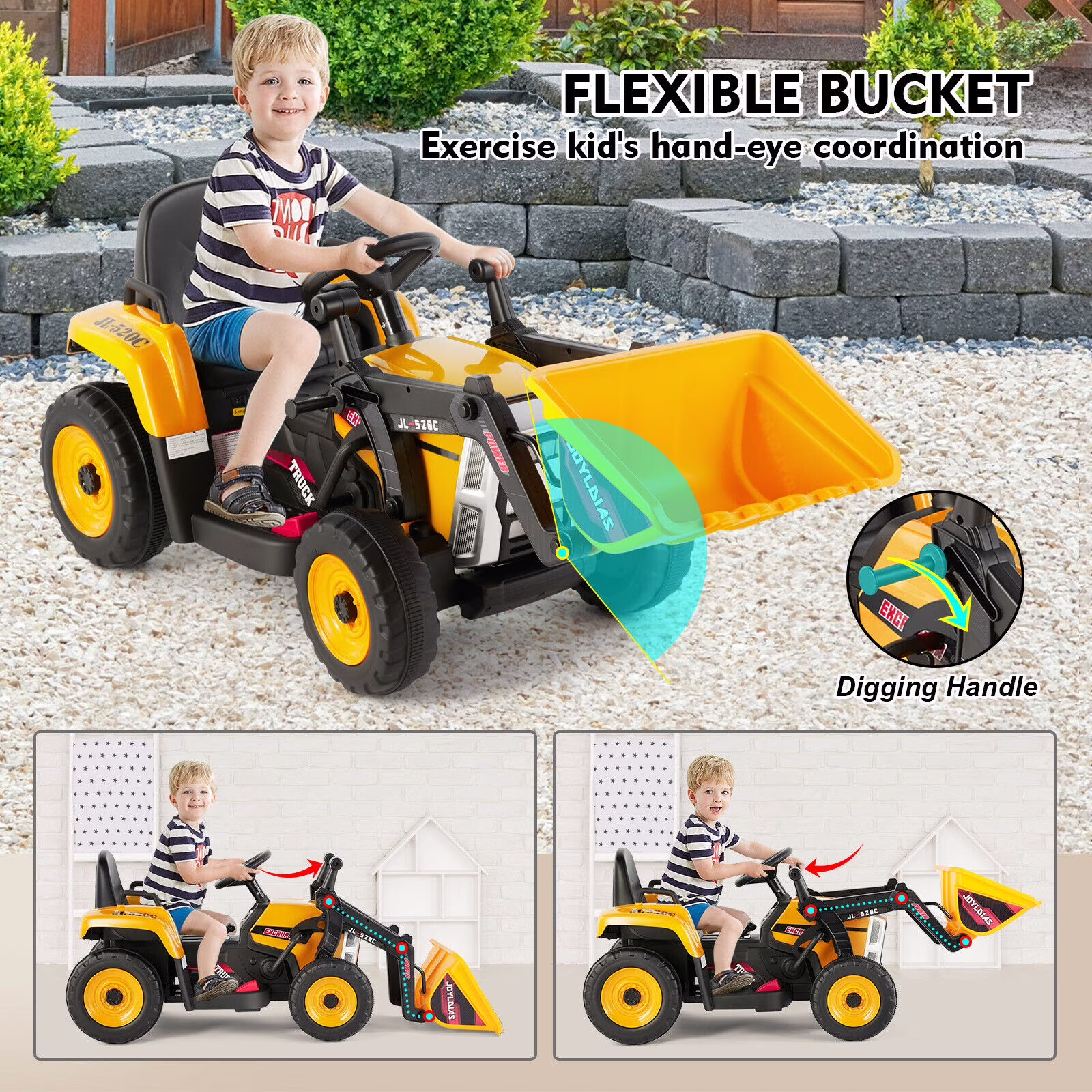 JOYLDIAS 12V Kids Ride On Excavator 3 Speeds Electric Construction Vehicle Digger with Remote Control, Bluetooth, Microphone Jack, Music, Lights (Yellow) - Image 2