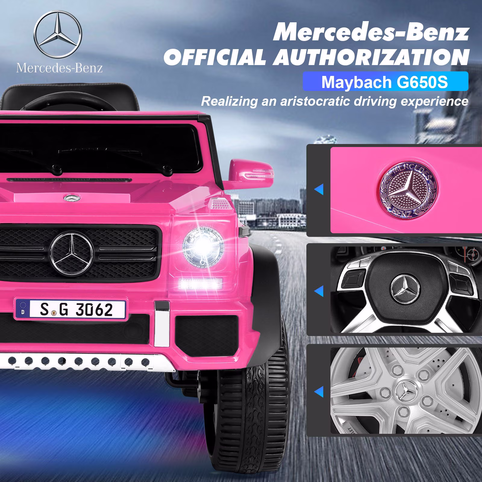 JOYLDIAS 12V Mercedes-Benz G650S Kids Ride On Car Electric Toy w/Remote Control, 3 Speeds, LED Lights, Bluetooth, Music(Pink) - Image 4