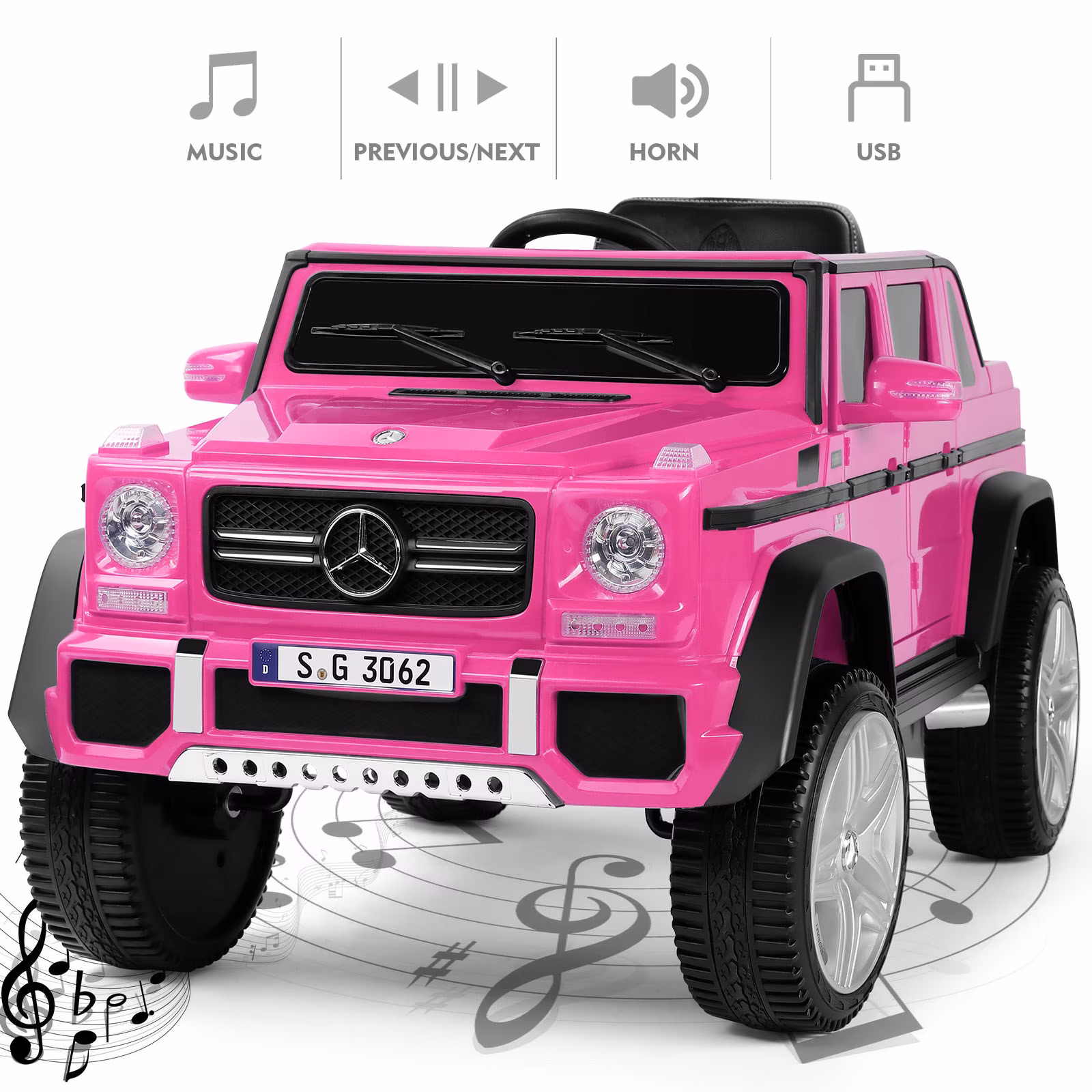 JOYLDIAS 12V Mercedes-Benz G650S Kids Ride On Car Electric Toy w/Remote Control, 3 Speeds, LED Lights, Bluetooth, Music(Pink) - Image 5