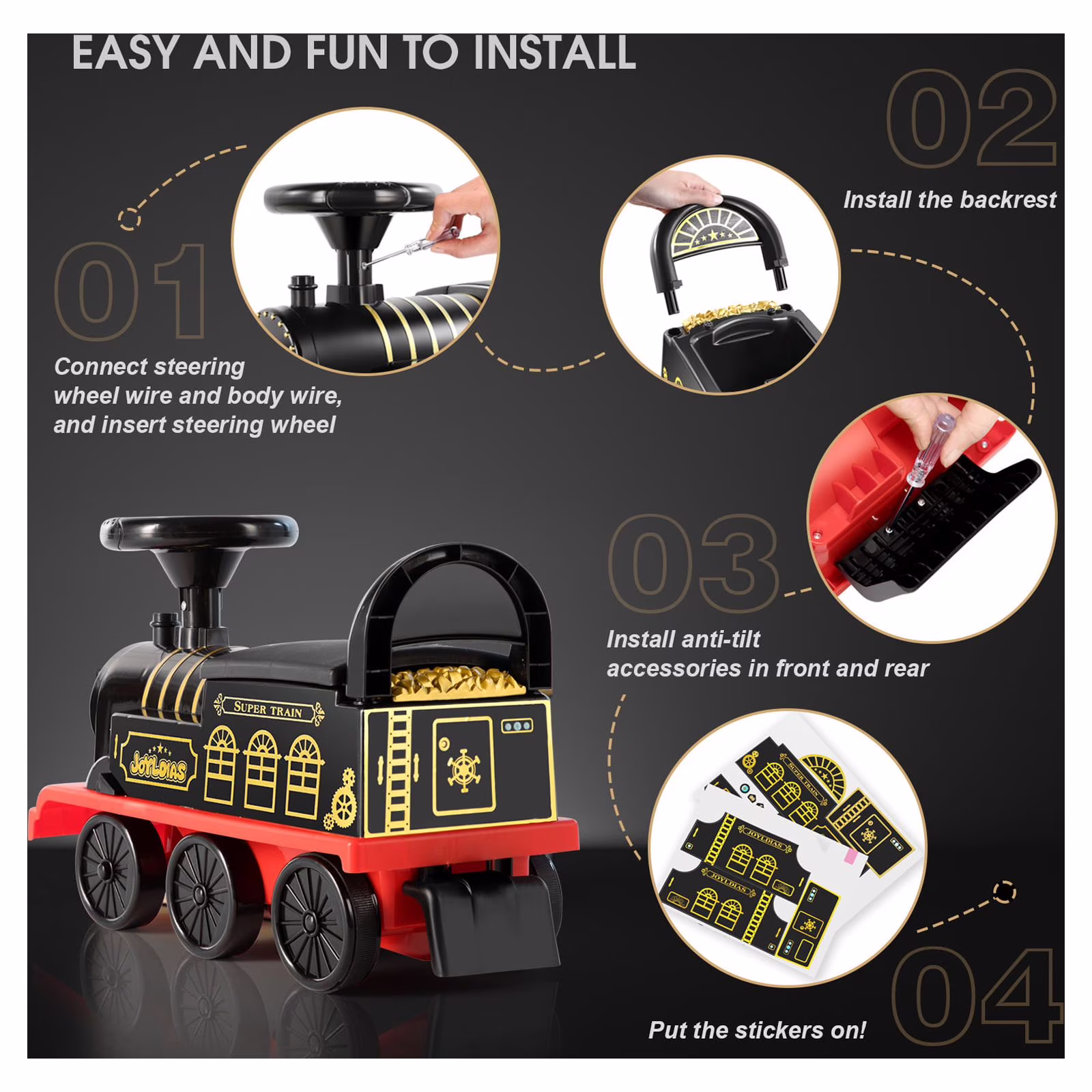 JOYLDIAS 6V Electric Kids Ride on Train Toddlers Age 1-3 Boys Girls w/Curved Tracks,Songs,Lights,Horns,Storage(Black) - Image 4