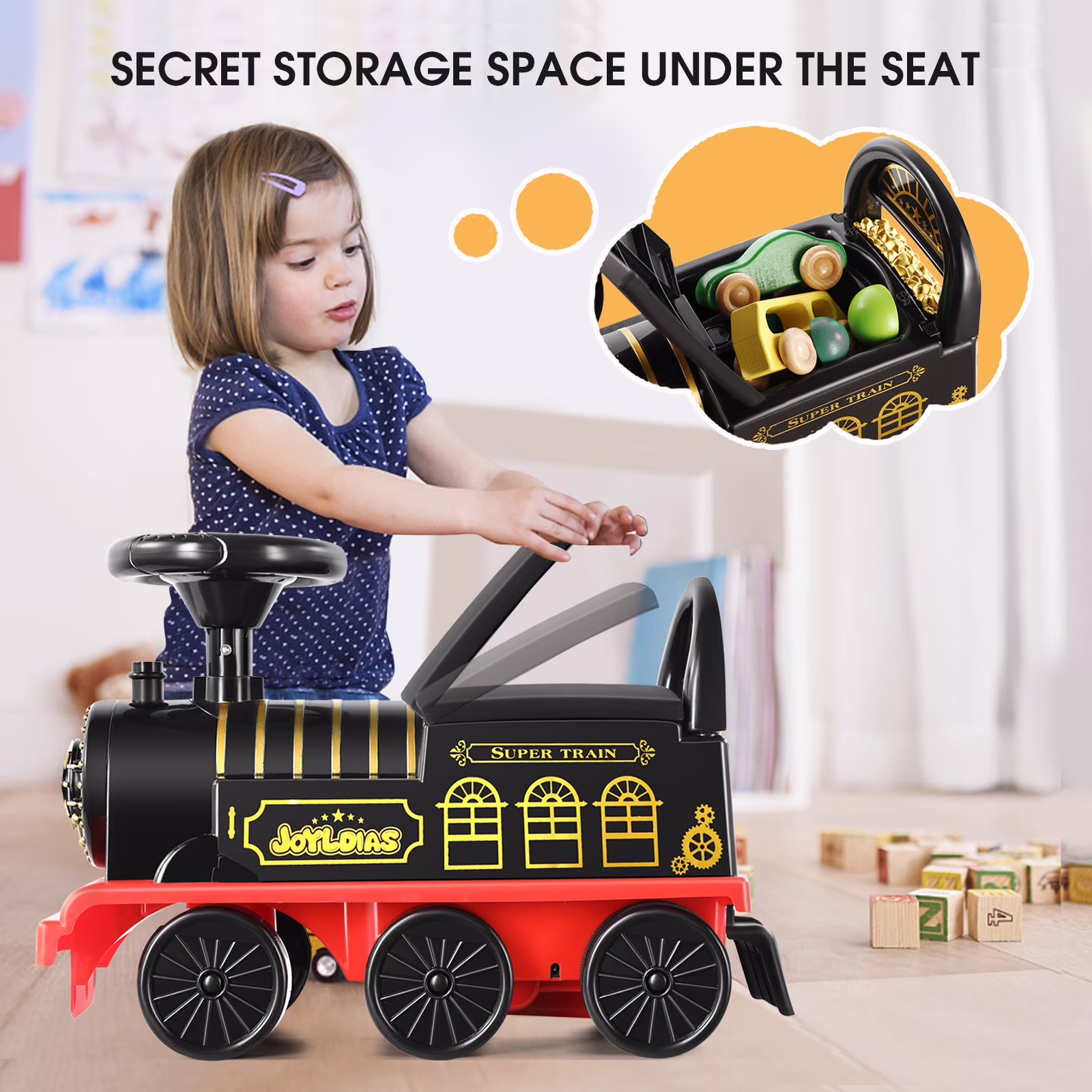 JOYLDIAS 6V Electric Kids Ride on Train Toddlers Age 1-3 Boys Girls w/Curved Tracks,Songs,Lights,Horns,Storage(Black) - Image 3