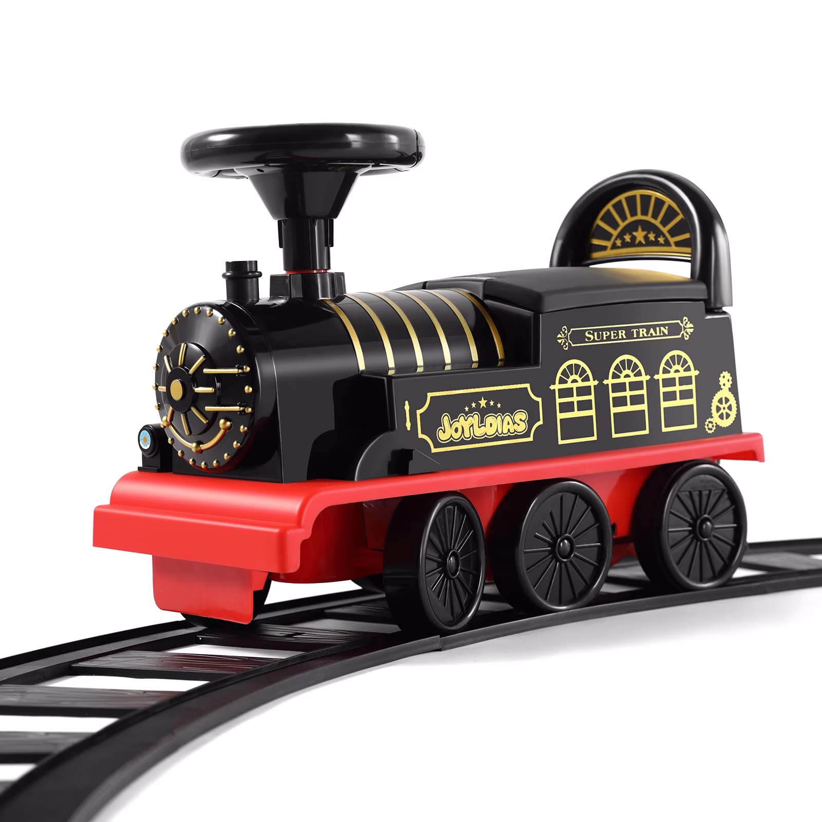 JOYLDIAS 6V Electric Kids Ride on Train Toddlers Age 1-3 Boys Girls w/Curved Tracks,Songs,Lights,Horns,Storage(Black)