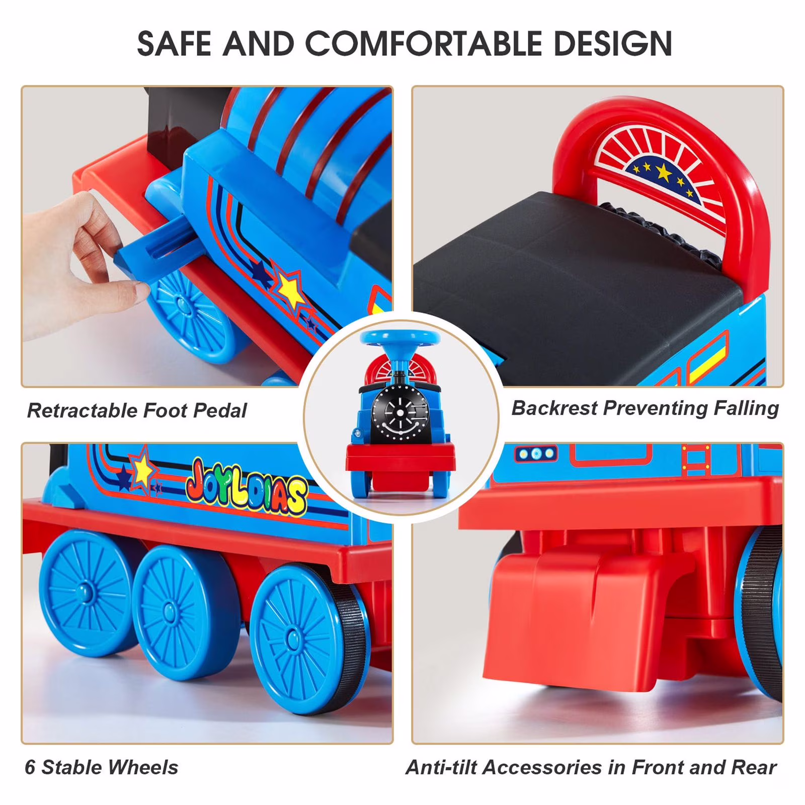 JOYLDIAS 6V Electric Ride on Train for Kids with Curved Tracks, Songs, Stories, Lights, Horns, Storage and Foot Pedals, Blue - Image 2