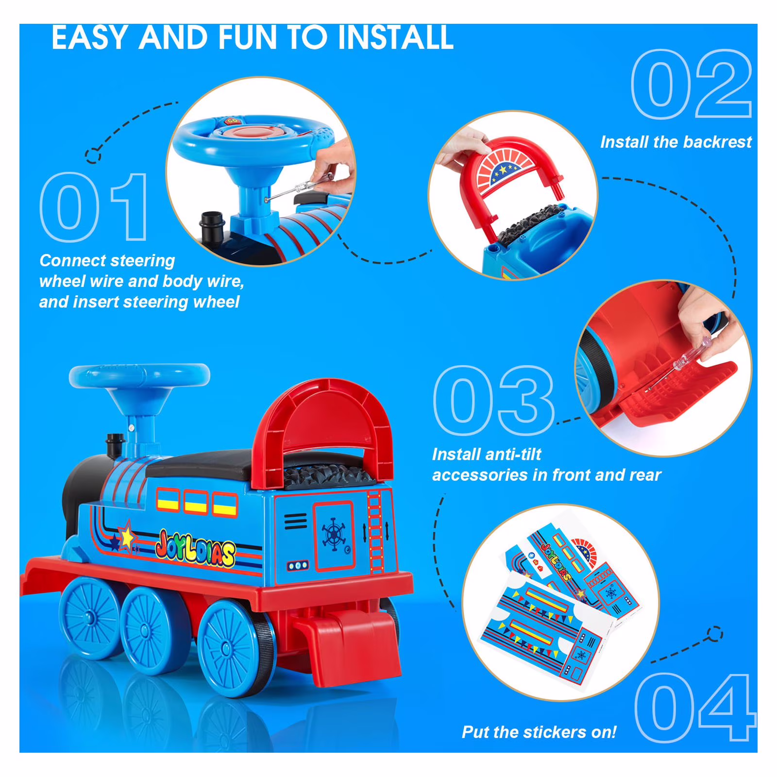 JOYLDIAS 6V Electric Ride on Train for Kids with Curved Tracks, Songs, Stories, Lights, Horns, Storage and Foot Pedals, Blue - Image 4