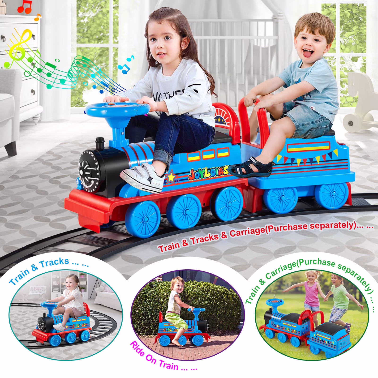 JOYLDIAS 6V Electric Ride on Train for Kids with Curved Tracks, Songs, Stories, Lights, Horns, Storage and Foot Pedals, Blue - Image 5