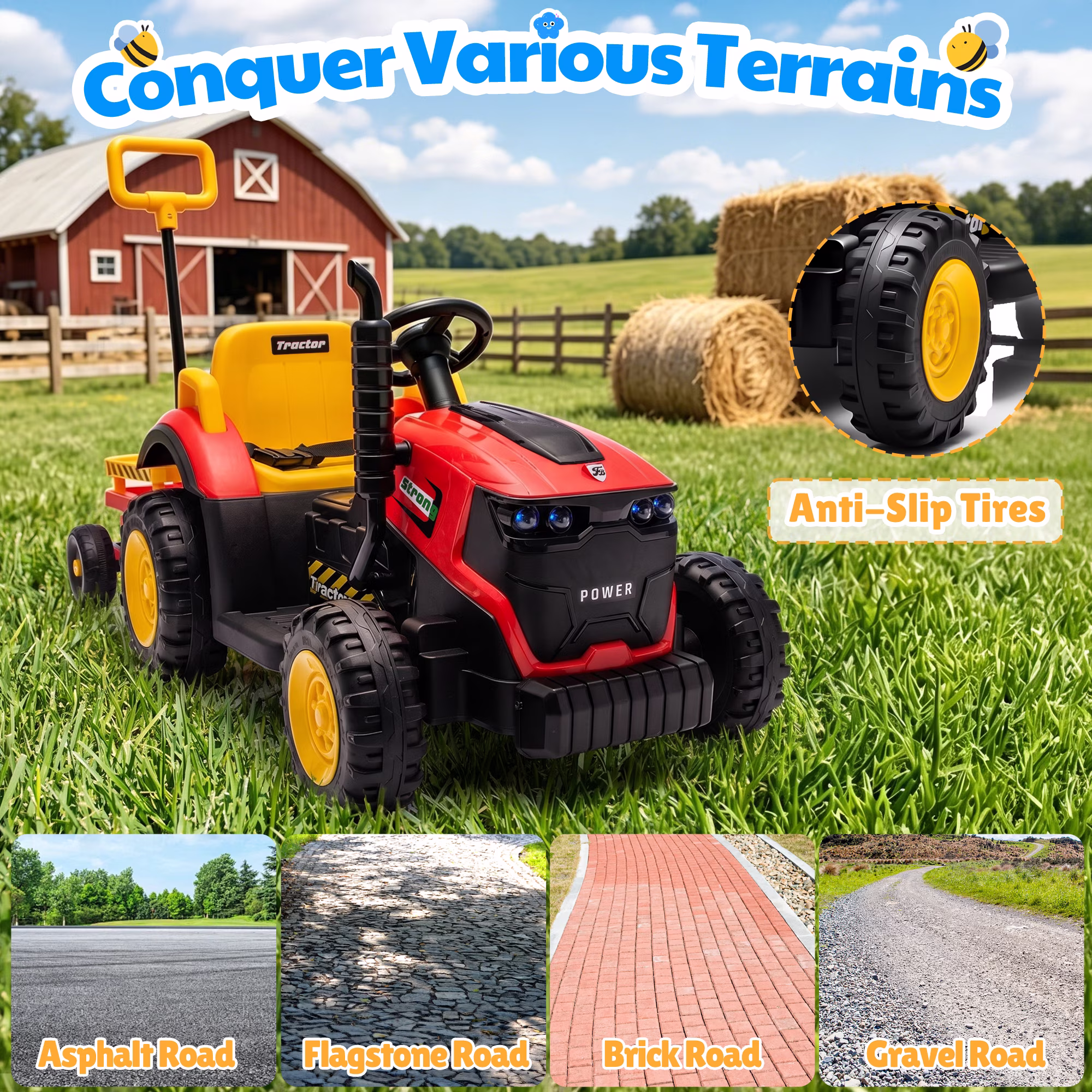 Joyracer 12V Ride on Toys, 2-in-1 Ride on Tractor with Detachable Trailer & Remote Control, Power Car Wheels w/ Shovel, Bluetooth, Music, LED Lights, Red - Image 4