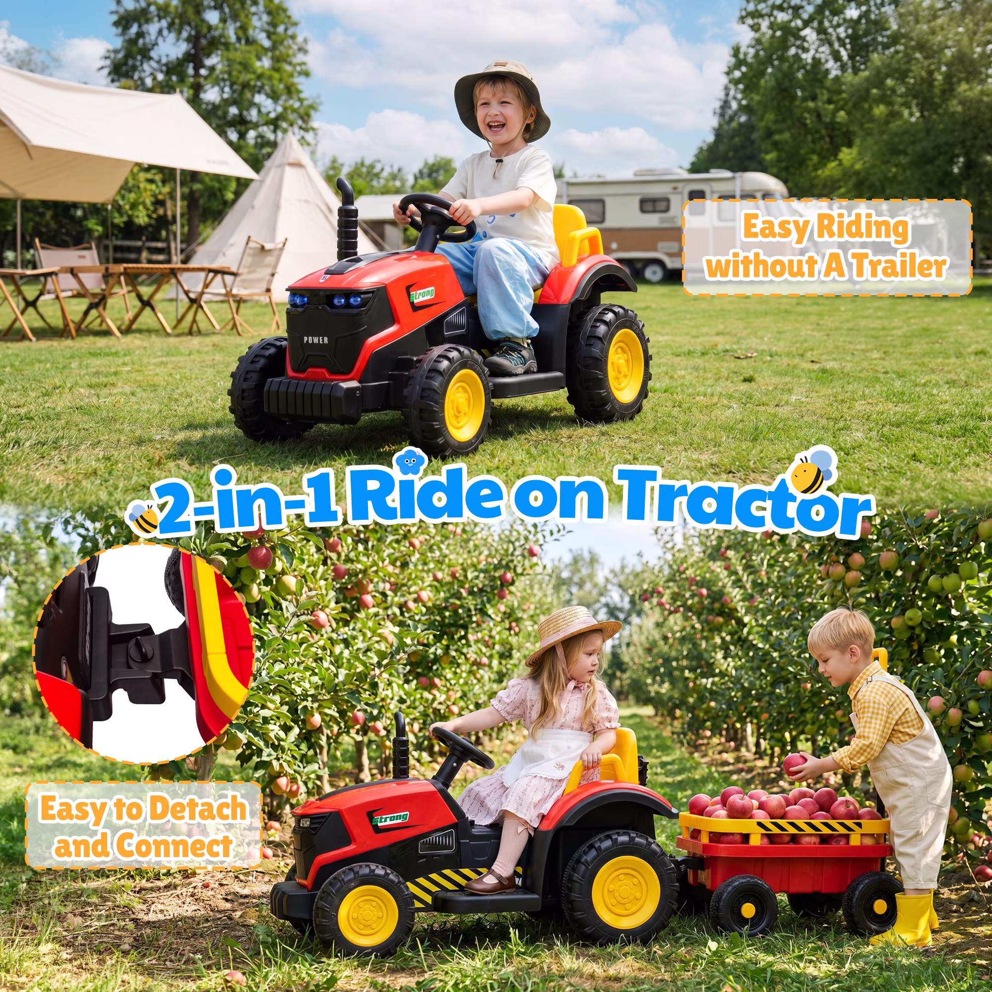 Joyracer 12V Ride on Toys, 2-in-1 Ride on Tractor with Detachable Trailer & Remote Control, Power Car Wheels w/ Shovel, Bluetooth, Music, LED Lights, Red - Image 5