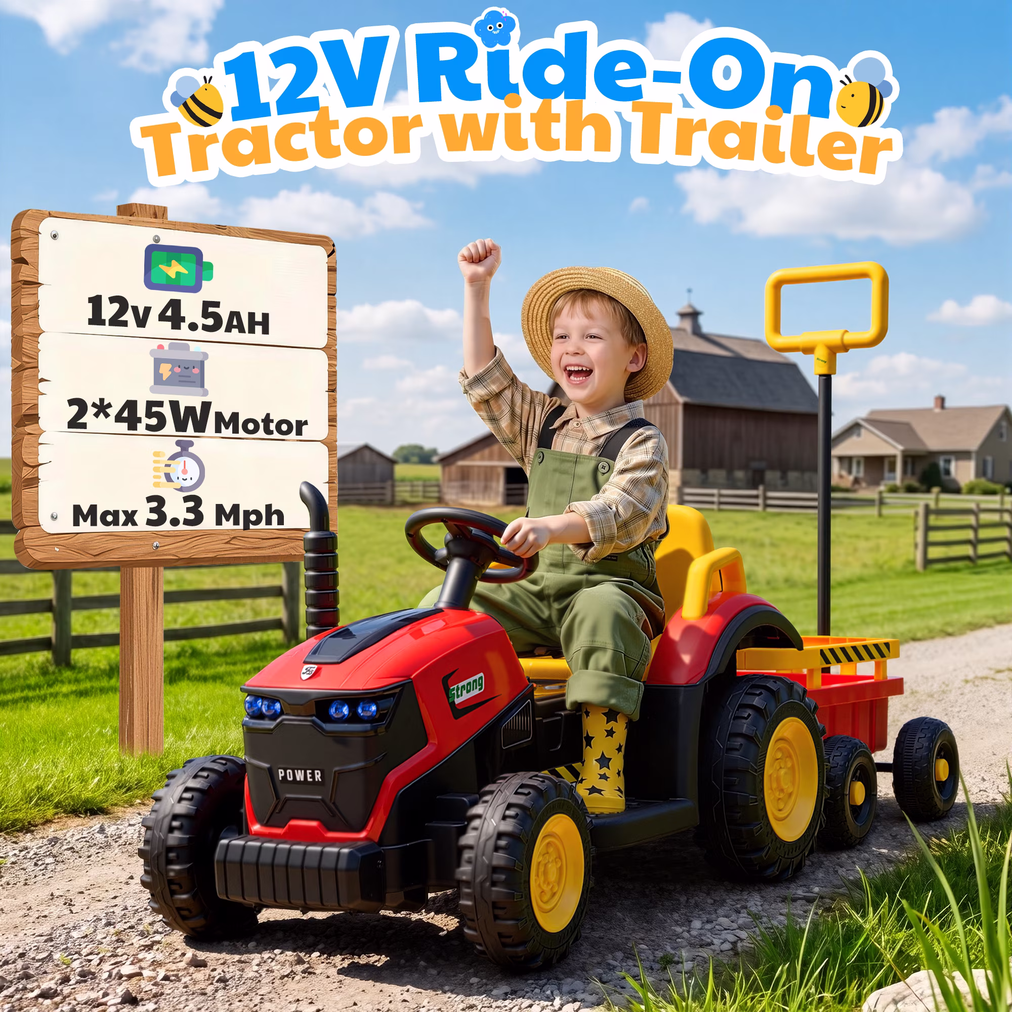 Joyracer 12V Ride on Toys, 2-in-1 Ride on Tractor with Detachable Trailer & Remote Control, Power Car Wheels w/ Shovel, Bluetooth, Music, LED Lights, Red - Image 3