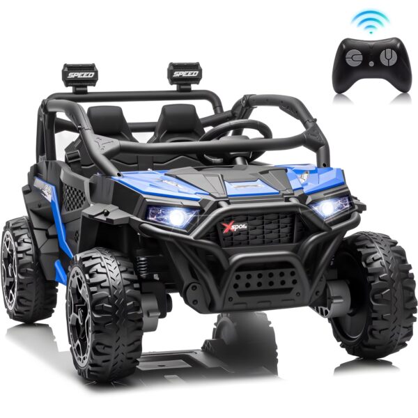 Joyracer 24 Volt Ride on Toys, 4WD 2-Seater Electric Car for Kids with Remote Control, Power Car Wheels, Music & Bluetooth, LED Lights, Rear Storage Box, Blue
