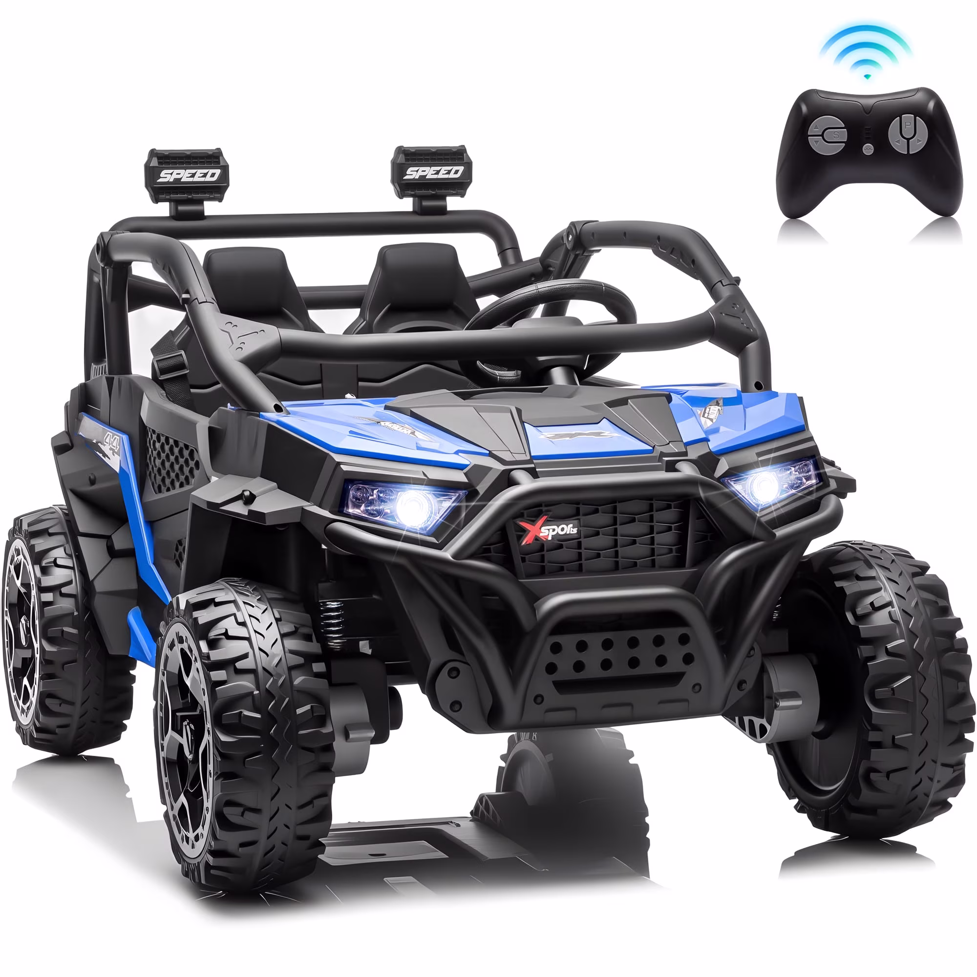 Joyracer 24 Volt Ride on Toys, 4WD 2-Seater Electric Car for Kids with Remote Control, Power Car Wheels, Music & Bluetooth, LED Lights, Rear Storage Box, Blue