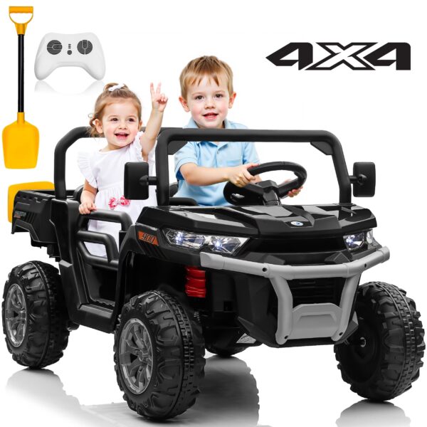 Joyracer 24 Volt Ride on Toys, 4WD Ride on Dump Truck for Kids, 2 Seater Ride on Car with Remote, Electric Power Car Wheels Toys with Trailer & Shovel, MP3/Bluetooth Music, Black
