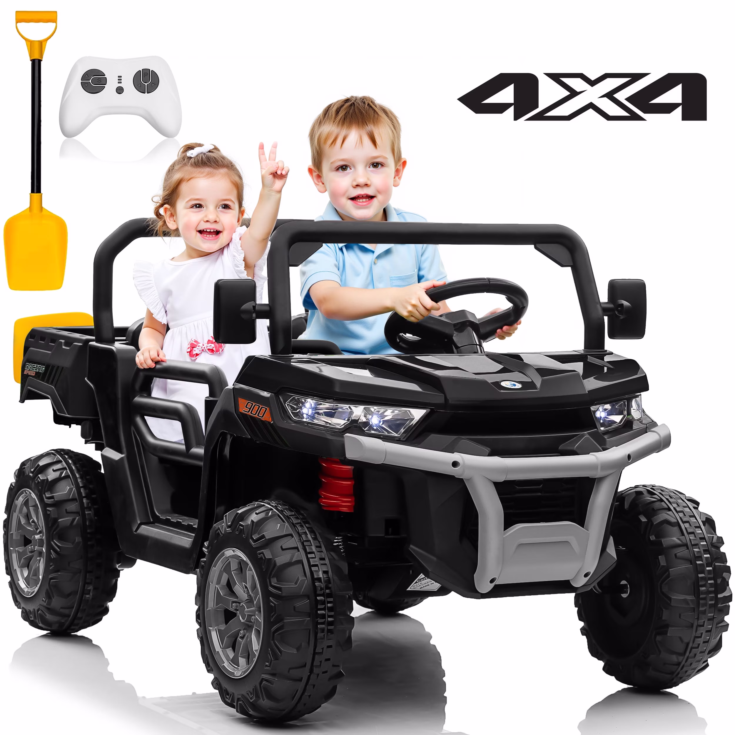 Joyracer 24 Volt Ride on Toys, 4WD Ride on Dump Truck for Kids, 2 Seater Ride on Car with Remote, Electric Power Car Wheels Toys with Trailer & Shovel, MP3/Bluetooth Music, Black