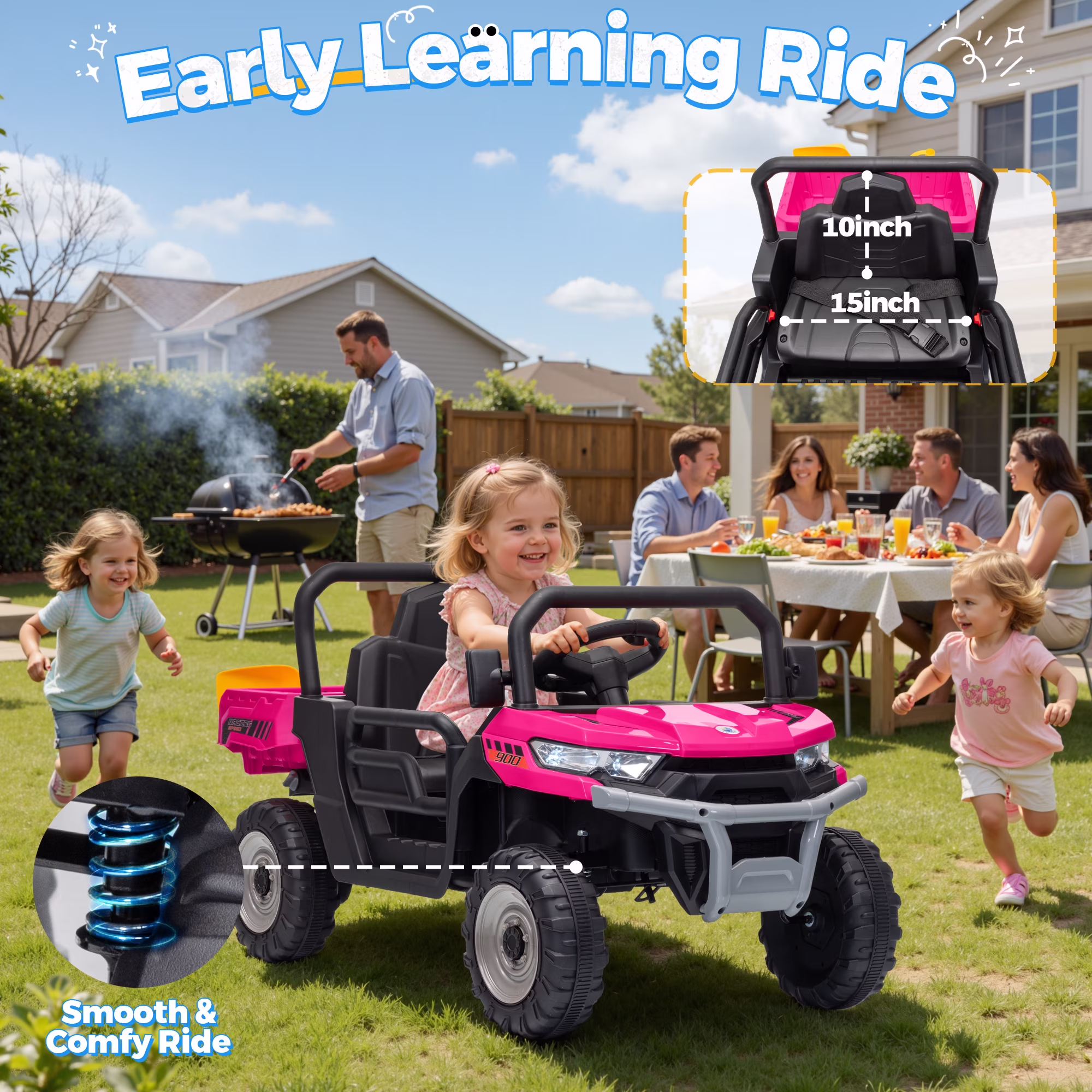 Joyracer 24 Volt Ride on Toys, Power Car Wheels with Dump Bed, Remote, Music, Shovel, Bluetooth, Pink - Image 3