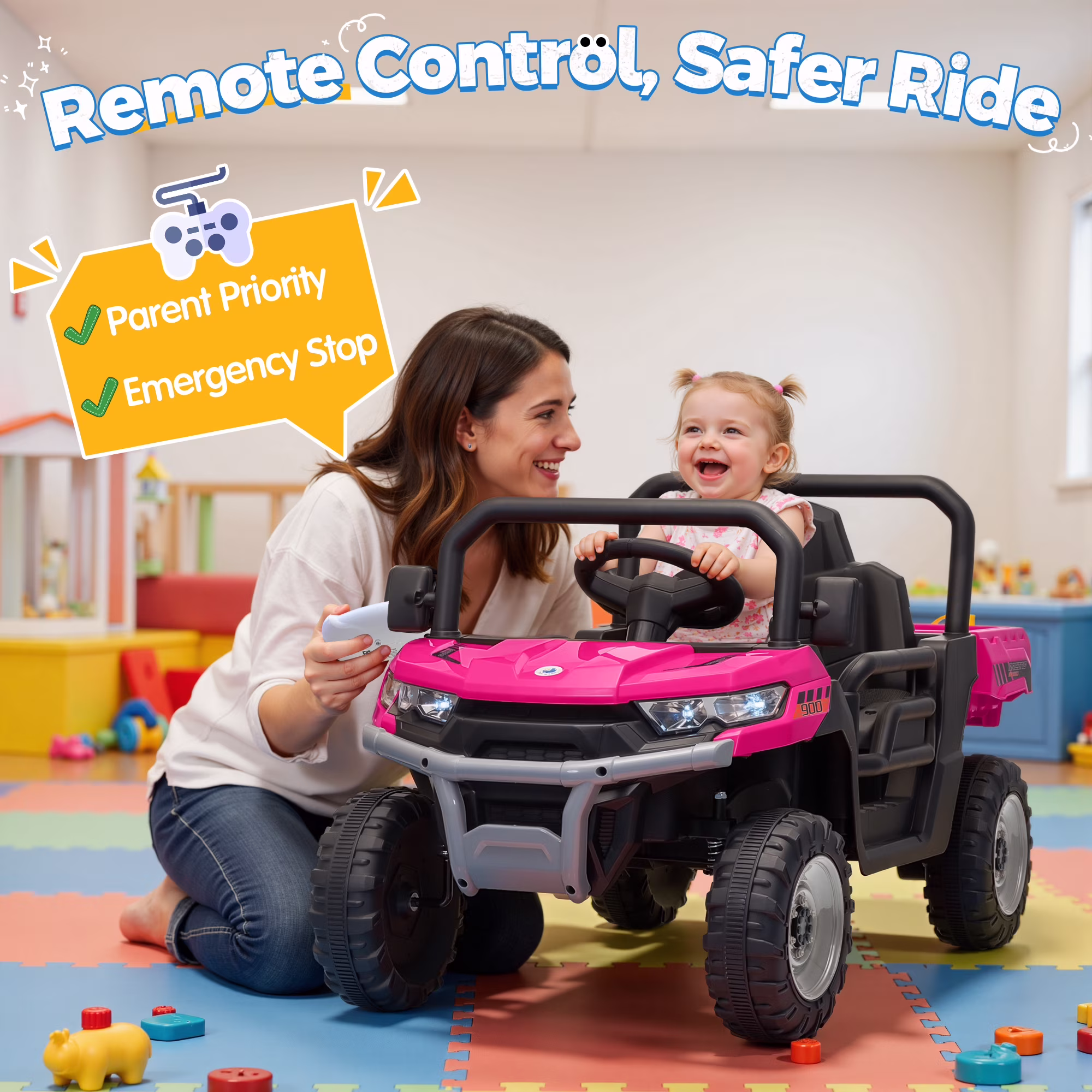 Joyracer 24 Volt Ride on Toys, Power Car Wheels with Dump Bed, Remote, Music, Shovel, Bluetooth, Pink - Image 5