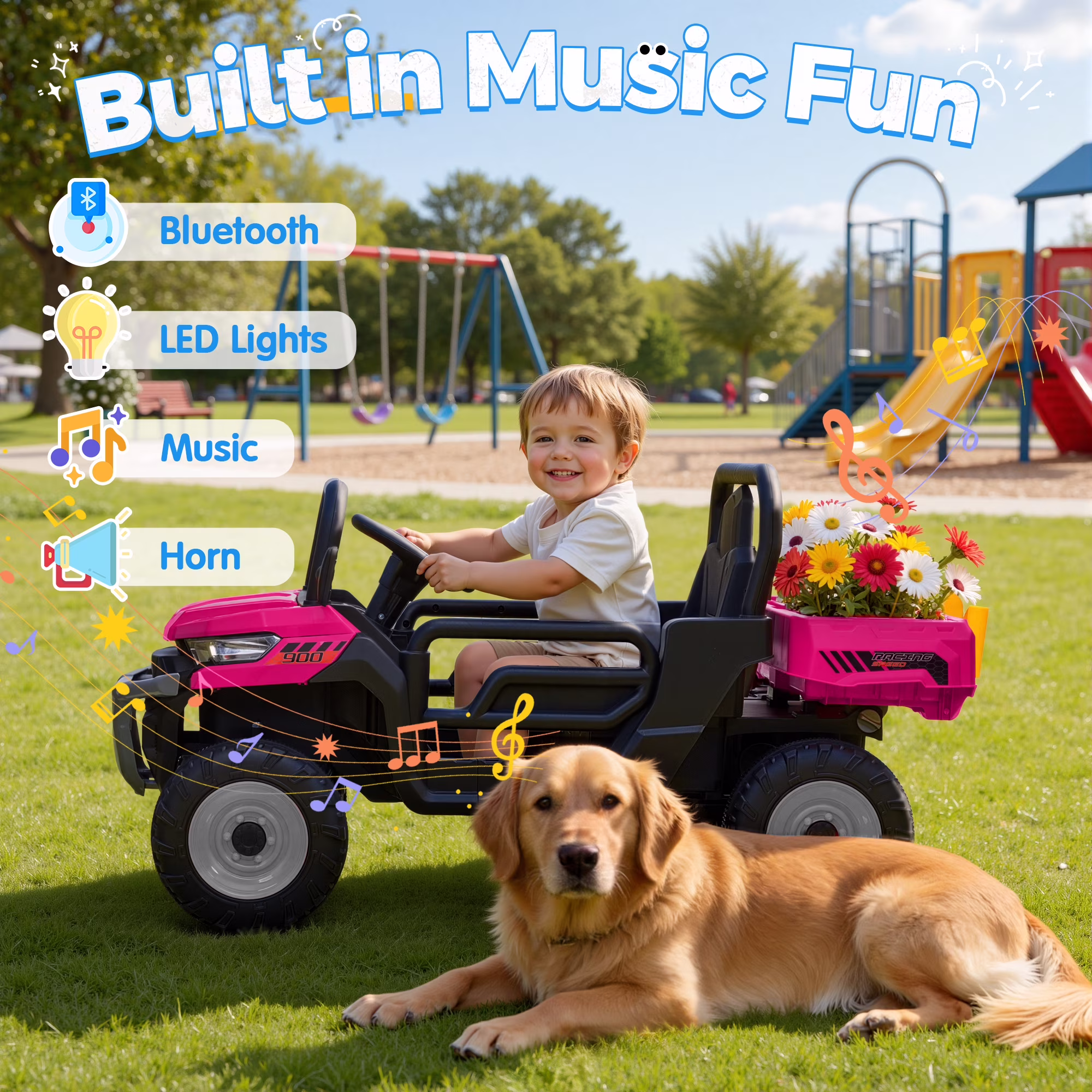 Joyracer 24 Volt Ride on Toys, Power Car Wheels with Dump Bed, Remote, Music, Shovel, Bluetooth, Pink - Image 4