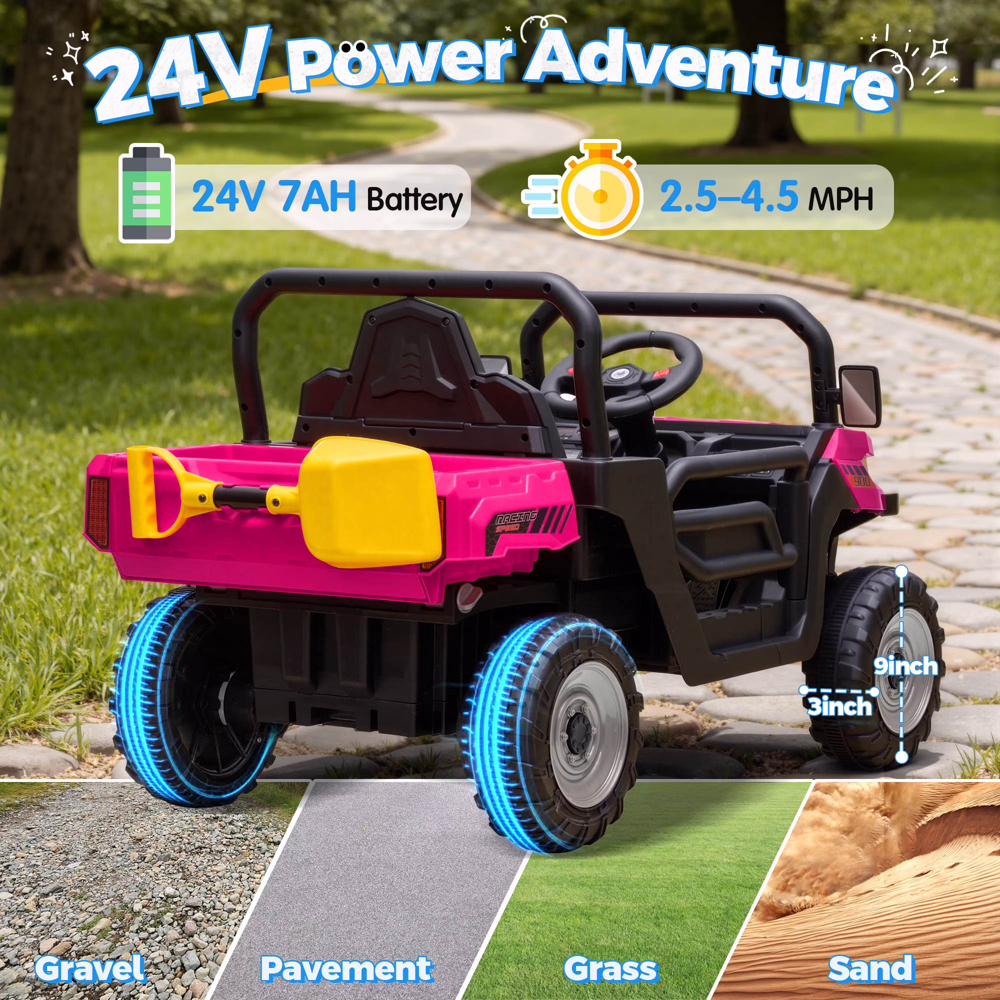 Joyracer 24 Volt Ride on Toys, Power Car Wheels with Dump Bed, Remote, Music, Shovel, Bluetooth, Pink - Image 2