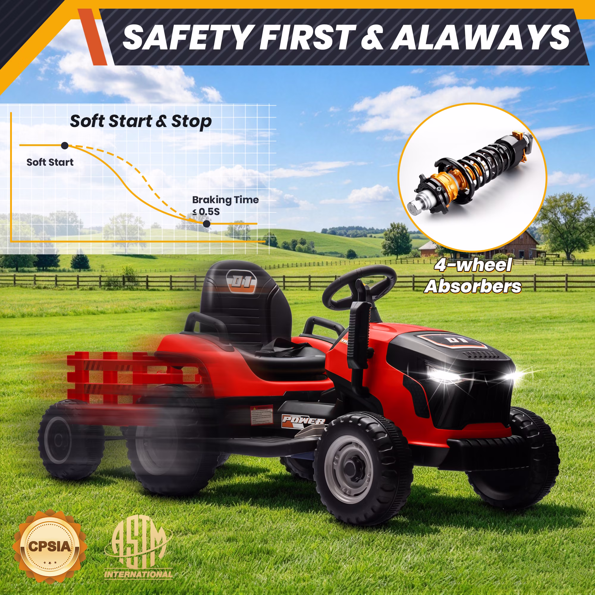 Joyracer 24 Volt Ride on Toys, Ride on Tractor w/ Tiltable & Detachable Trailer, 2x200W Power Car Wheels for Kids, Remote Control, Bluetooth, Shifter, Music, Red - Image 4