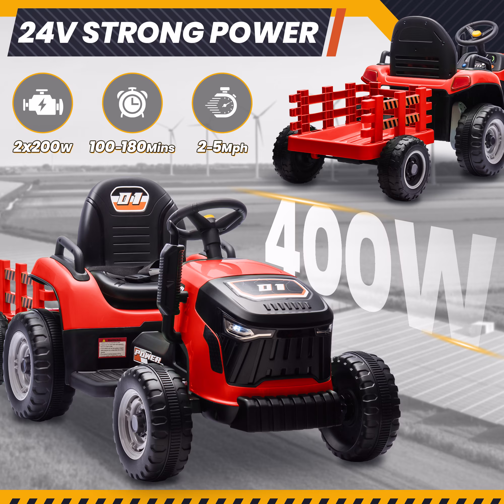 Joyracer 24 Volt Ride on Toys, Ride on Tractor w/ Tiltable & Detachable Trailer, 2x200W Power Car Wheels for Kids, Remote Control, Bluetooth, Shifter, Music, Red - Image 3