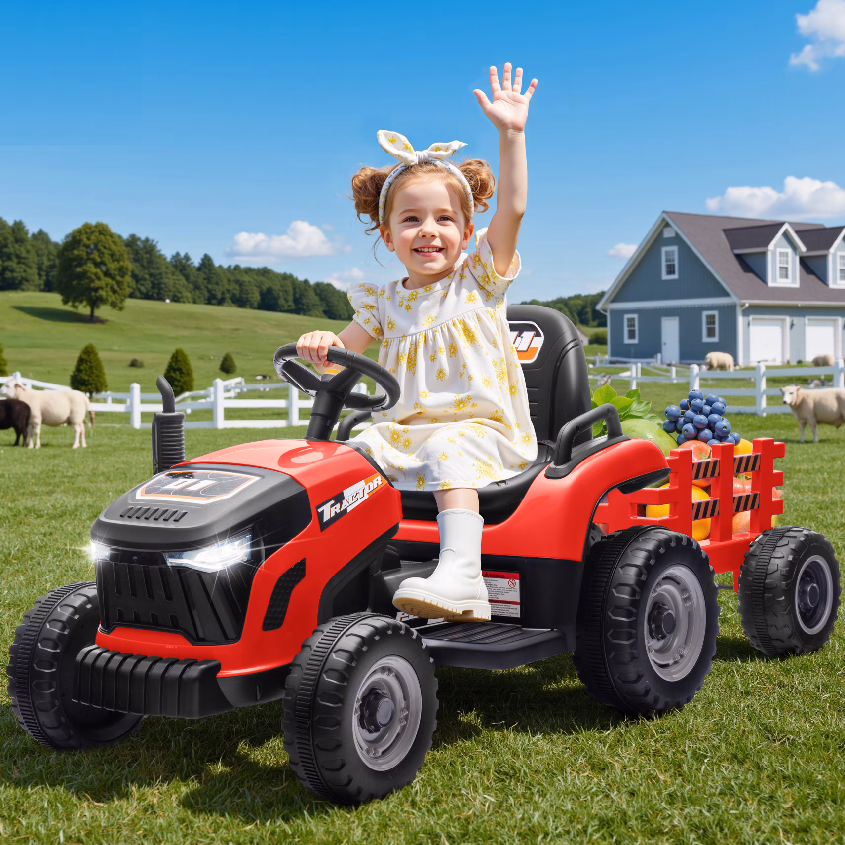 Joyracer 24 Volt Ride on Toys, Ride on Tractor w/ Tiltable & Detachable Trailer, 2x200W Power Car Wheels for Kids, Remote Control, Bluetooth, Shifter, Music, Red