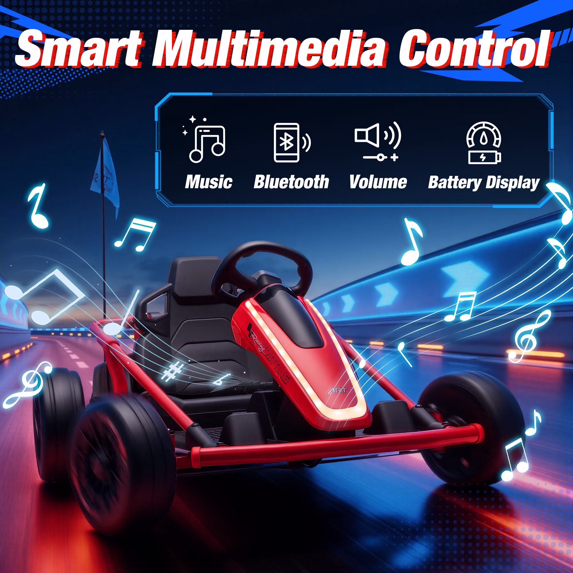 Joyracer 24V 14Ah Kids Electric Go Kart, Up to 10 MPH, 3 Speed Modes with Remote Control, Metal Frame Ride on Toy with Bluetooth Music & LED Lights, Drift Kart for Kids Ages 6–12, Red - Image 3