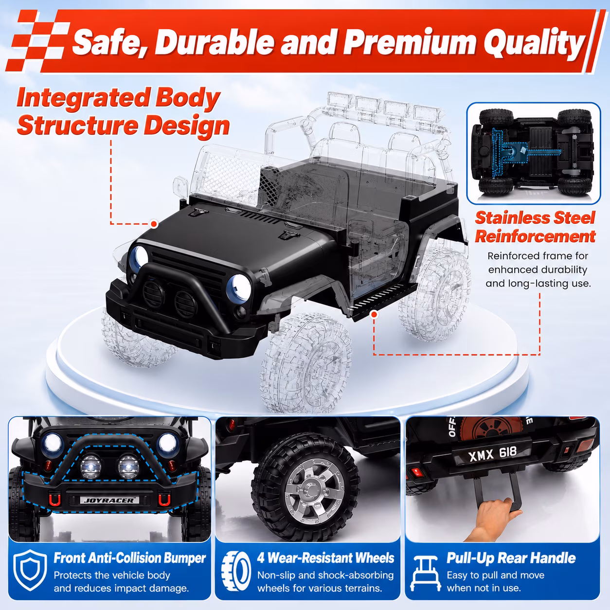 Joyracer 24V 2 Seater Kids Ride on Truck with Remote Control, 4×200W Motor, Electric Battery Powered Toys Car w/ 4 Wheels Spring Suspension, 3 Speeds, LED Lights, Bluetooth Music, Black - Image 5