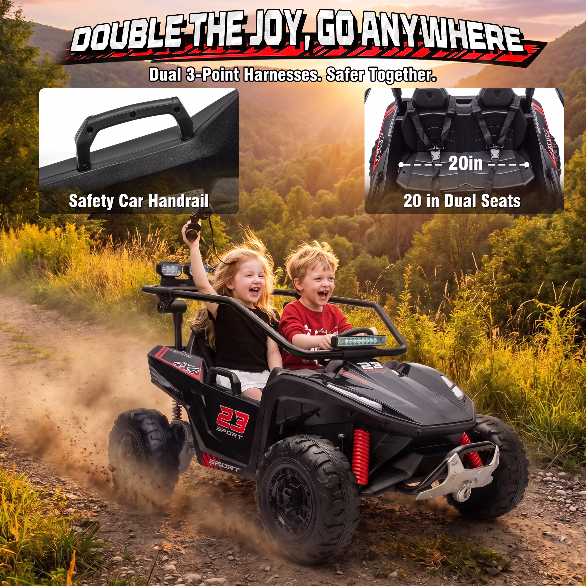 Joyracer 24V 2 Seater Ride on Toys UTV for Kids, 4WD 800W Electric Car with Parent Remote Control, LED Lights, Bluetooth Music, Safety Seat Belts, Roll Cage, Black - Image 3