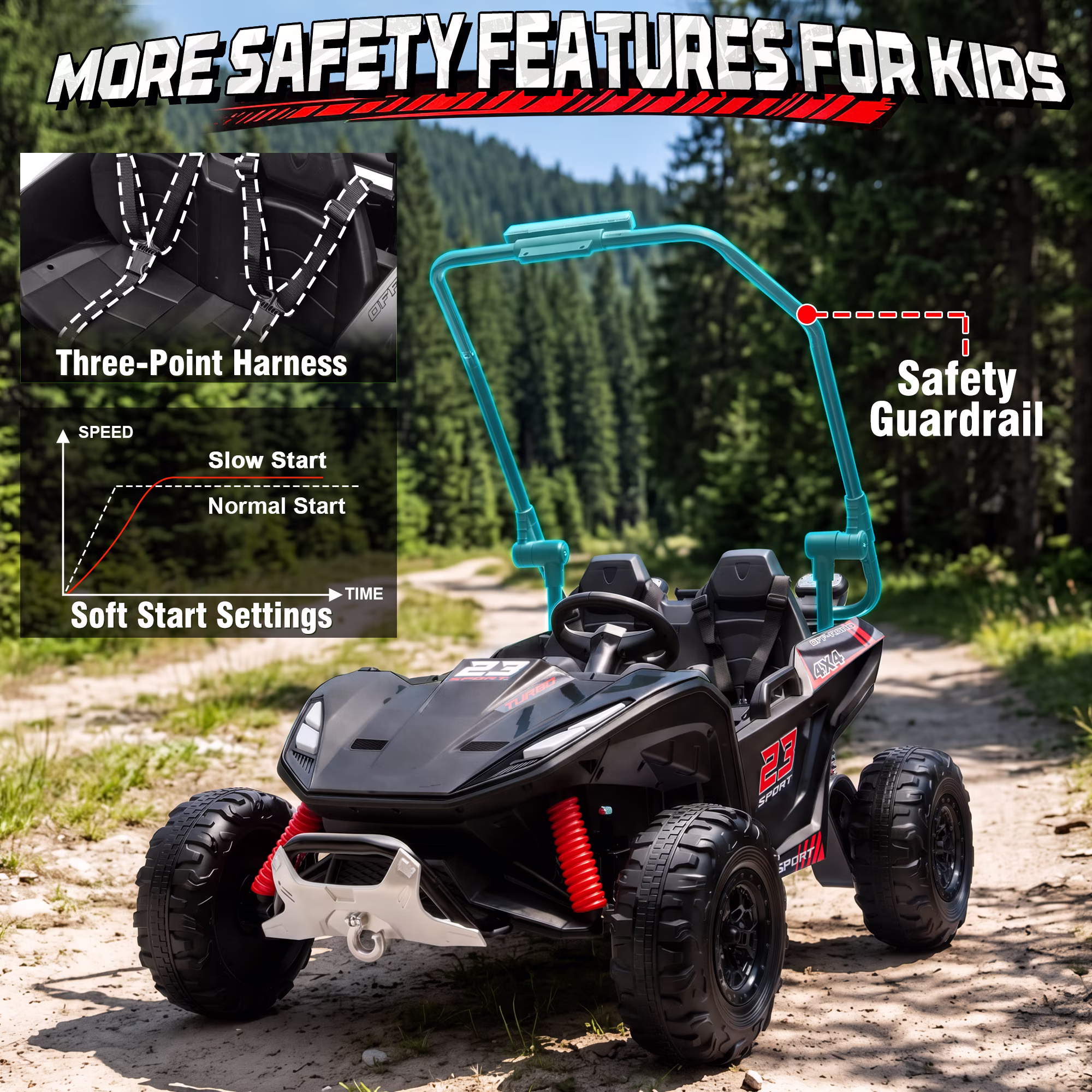 Joyracer 24V 2 Seater Ride on Toys UTV for Kids, 4WD 800W Electric Car with Parent Remote Control, LED Lights, Bluetooth Music, Safety Seat Belts, Roll Cage, Black - Image 4