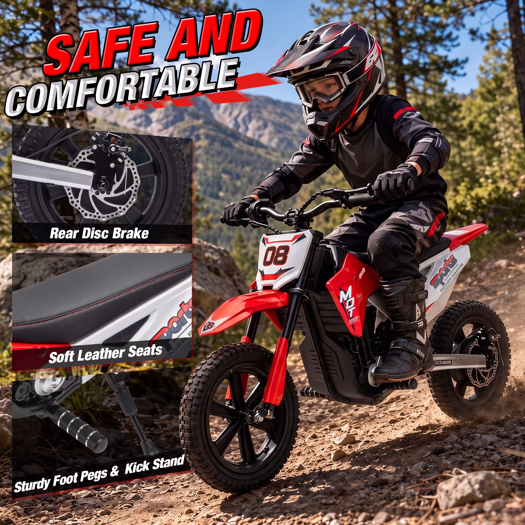 Joyracer 24V Electric Dirt Bike for Kids, 250W Ride on Motorcycle with 15" Off-Road Tires, Twist Grip Throttle, Rear Disc Brakes, Up to 12 MPH, 3-Speed Modes, Red - Image 2