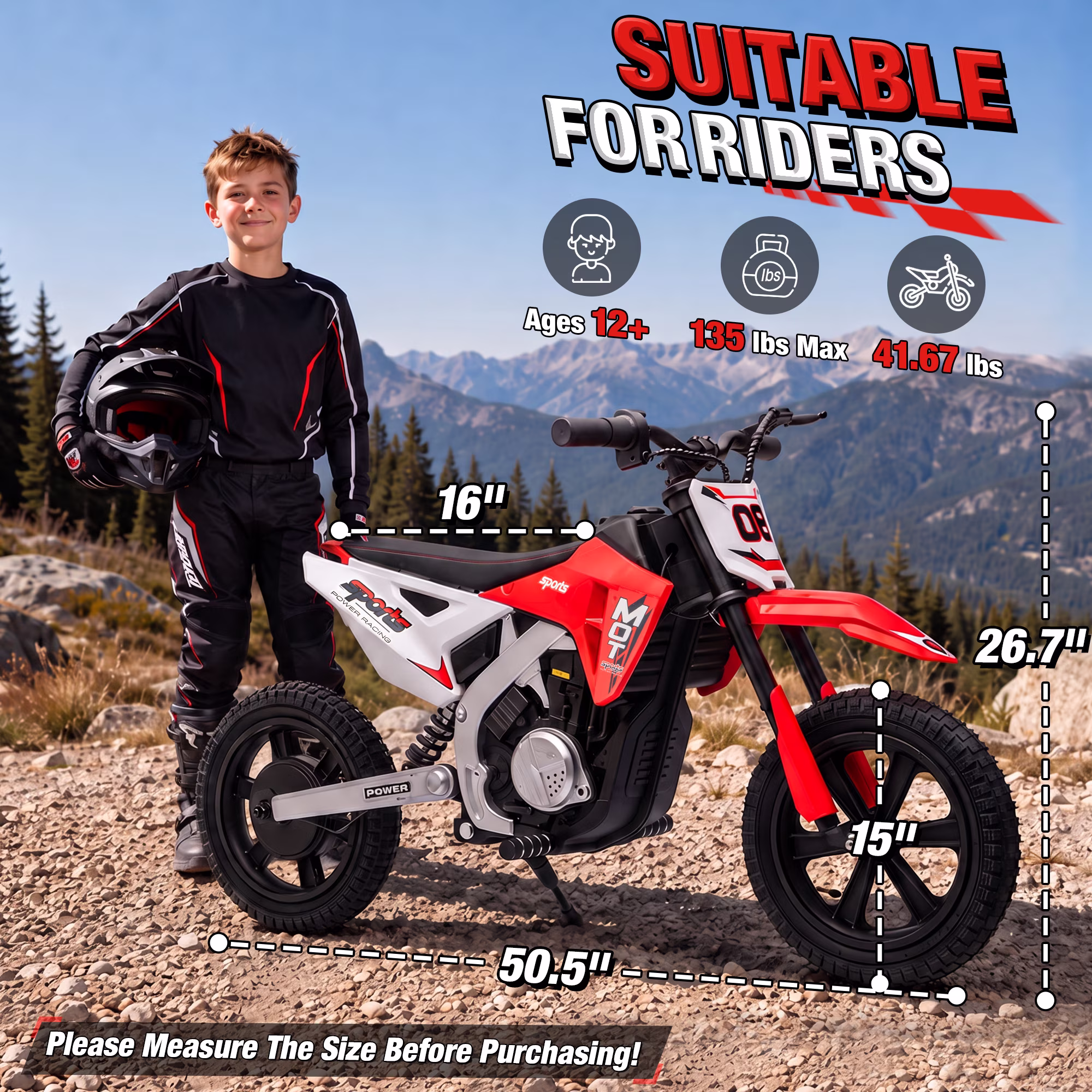 Joyracer 24V Electric Dirt Bike for Kids, 250W Ride on Motorcycle with 15" Off-Road Tires, Twist Grip Throttle, Rear Disc Brakes, Up to 12 MPH, 3-Speed Modes, Red - Image 4