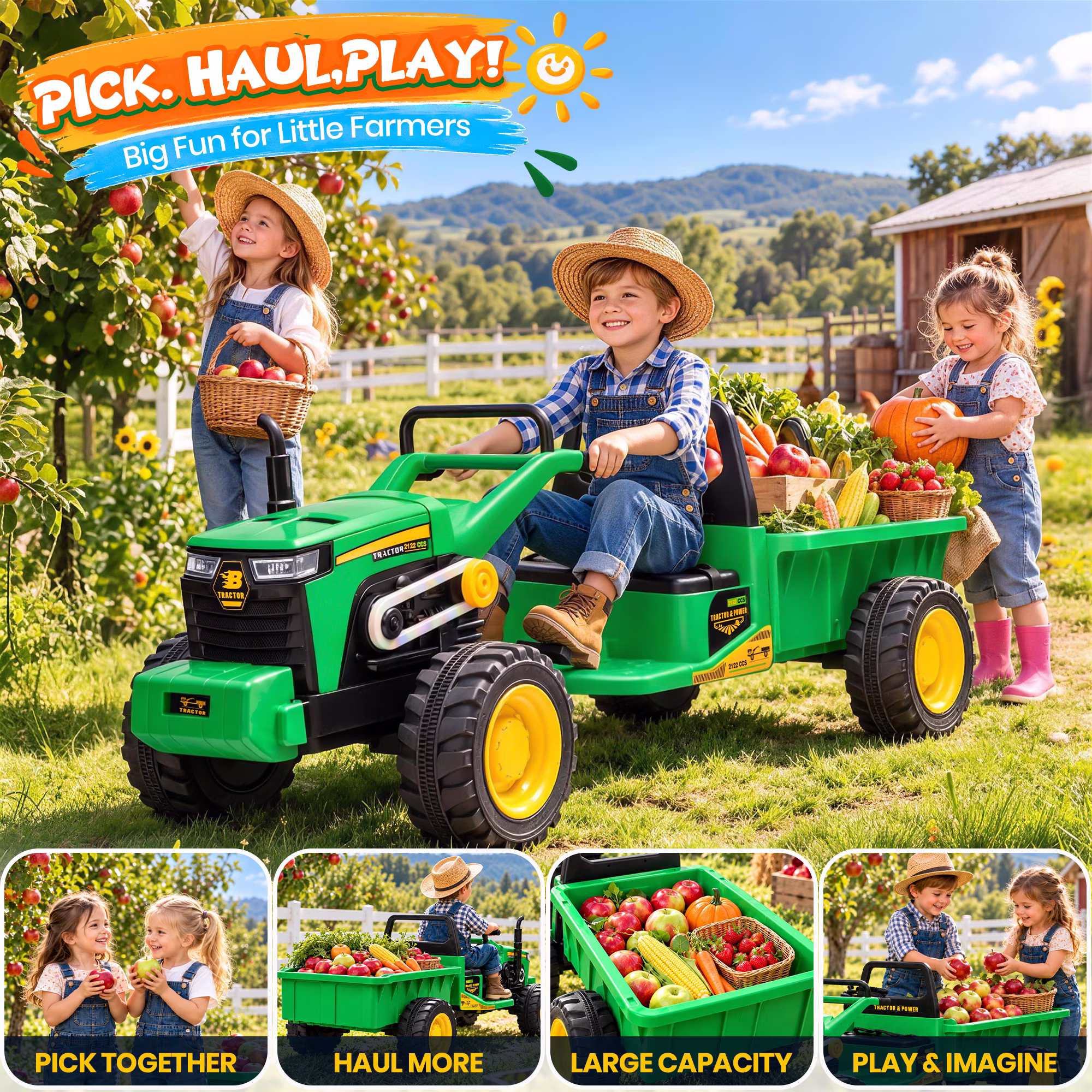 Joyracer 24V Kids Ride On Toys with LargeTrailer, 2x200W Electric Powered Toy Tractor, 110 LBS Max Load, LED Lights & Bluetooth Music, Green - Image 2