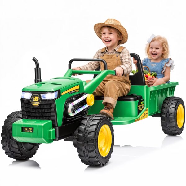 Joyracer 24V Kids Ride On Toys with LargeTrailer, 2x200W Electric Powered Toy Tractor, 110 LBS Max Load, LED Lights & Bluetooth Music, Green